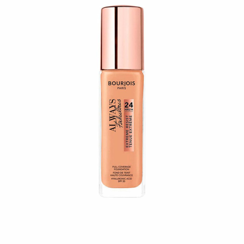 Foundation-Flakon. Marke Bourjois, Schriftzug Always Fabulous, 24H, SPF 20. Farbton sichtbar.