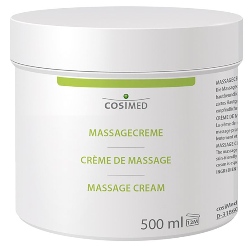 Weißer Tiegel mit grünem Deckelband. Aufschrift: cosiMed MASSAGECREME, 500 ml. Text in Deutsch, Französisch und Englisch.