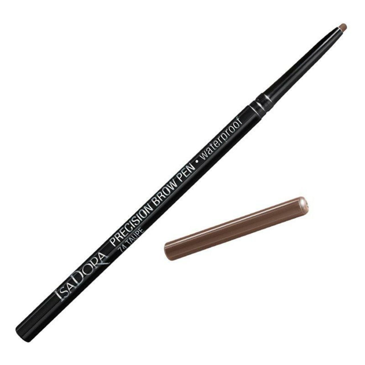 Brauenstift mit Kappe. Schwarzer Stift mit Aufschrift IsaDora PRECISION BROW PEN Waterproof. Kappe in Braun. Farbe: 74 Taupe.