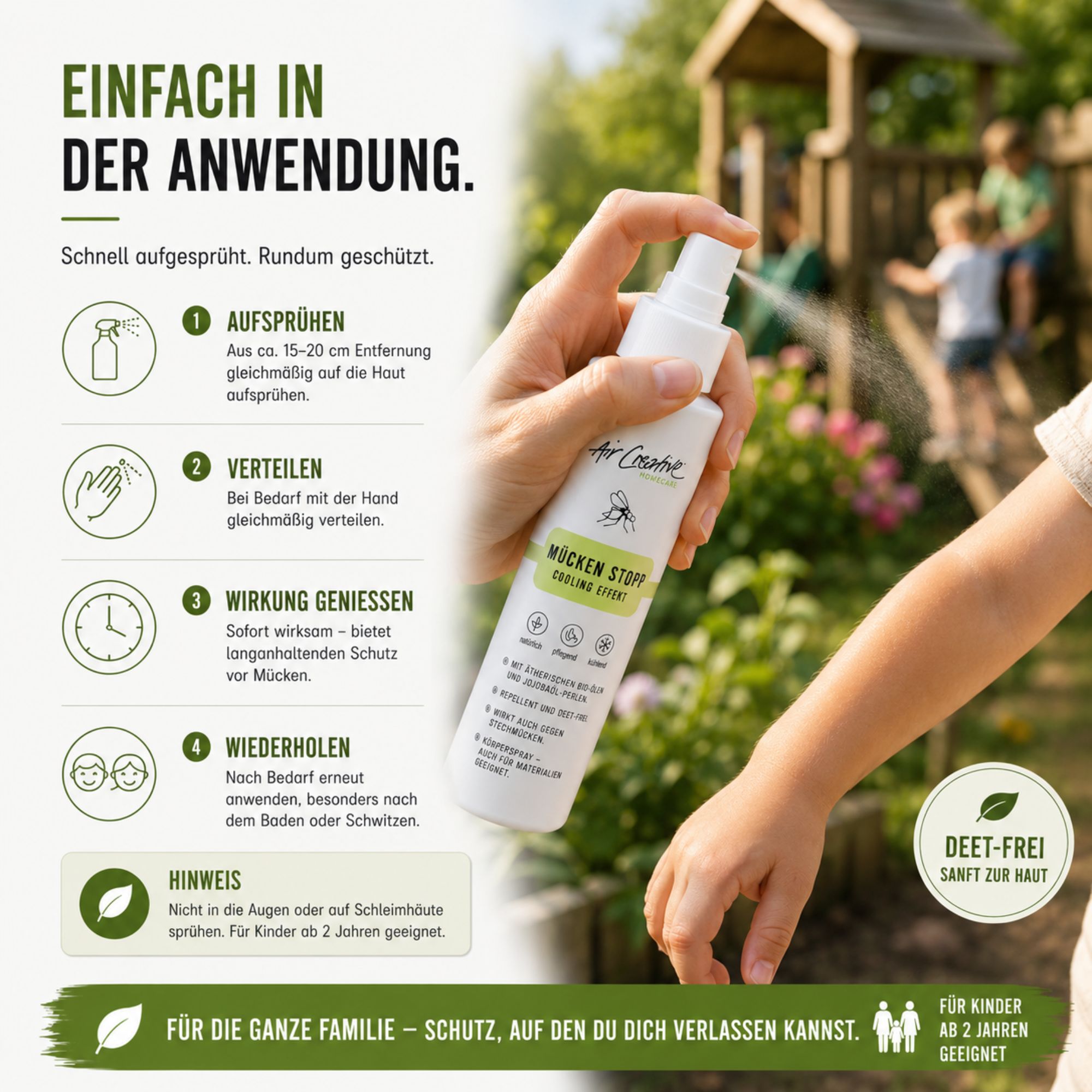 Person sprüht Mücken Stopp auf Arm. Text: Mücken Stopp, DEET-frei. Anwendungsanleitung. Hintergrund: Kinder im Garten.