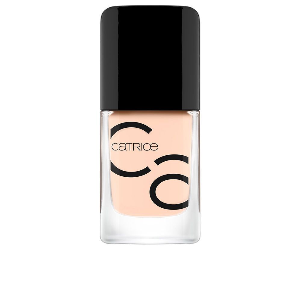 Nagellackflasche mit schwarzem Deckel. Auf dem Flakon steht "Catrice". Der Lack ist hellbeige.