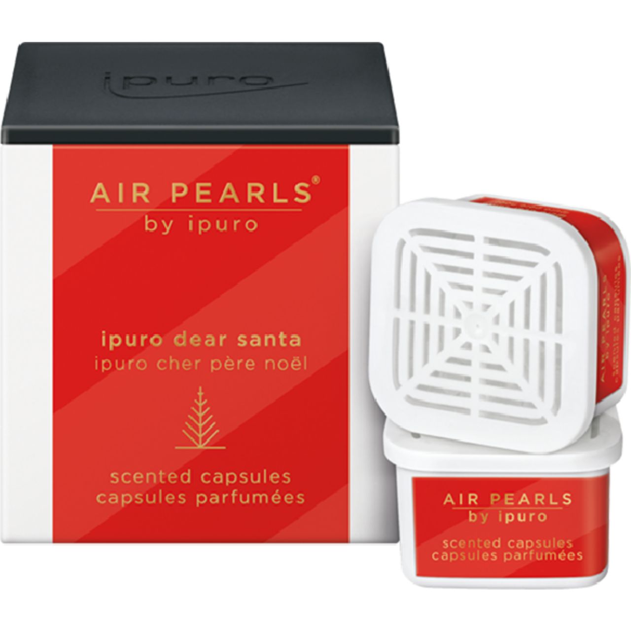 Weiß-rote Verpackung mit schwarzem Deckel. Aufschrift: Air Pearls by ipuro, Dear Santa, Scented Capsules. Zwei weiße Kapseln mit rotem Inhalt.