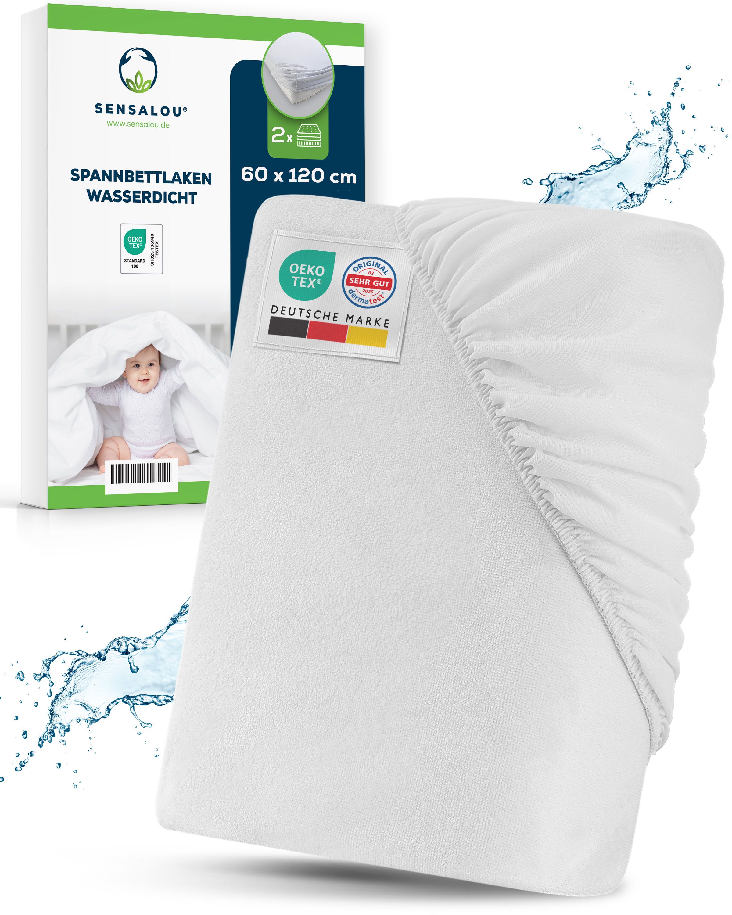 Weißes Spannbetttuch, 60 x 120 cm, wasserdicht. Verpackung mit Produktname, Größe und Zertifizierungen.