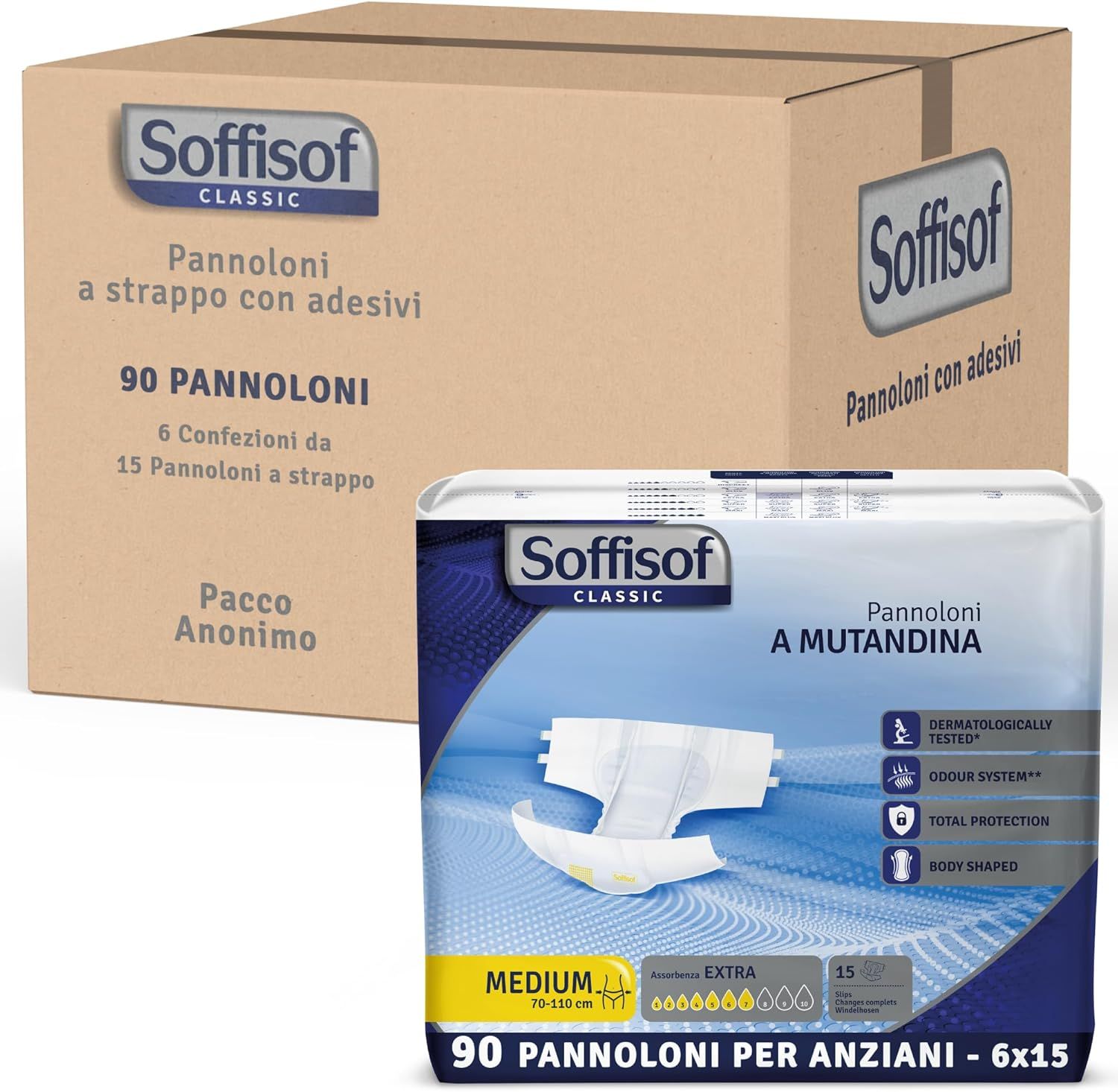 Soffisof Classic Windeln für Erwachsene Extra. Verpackung mit 90 Windeln. Karton und Packung. Medium. 6x15.