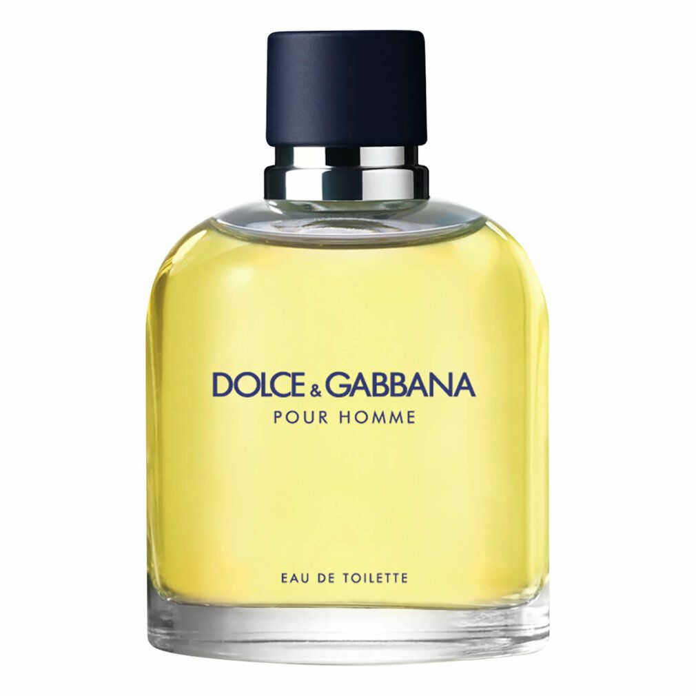 Dolce&Gabbana Pour Homme Eau de Toilette Flakon. Gelbe Flüssigkeit, schwarzer Verschluss, silberner Ring.
