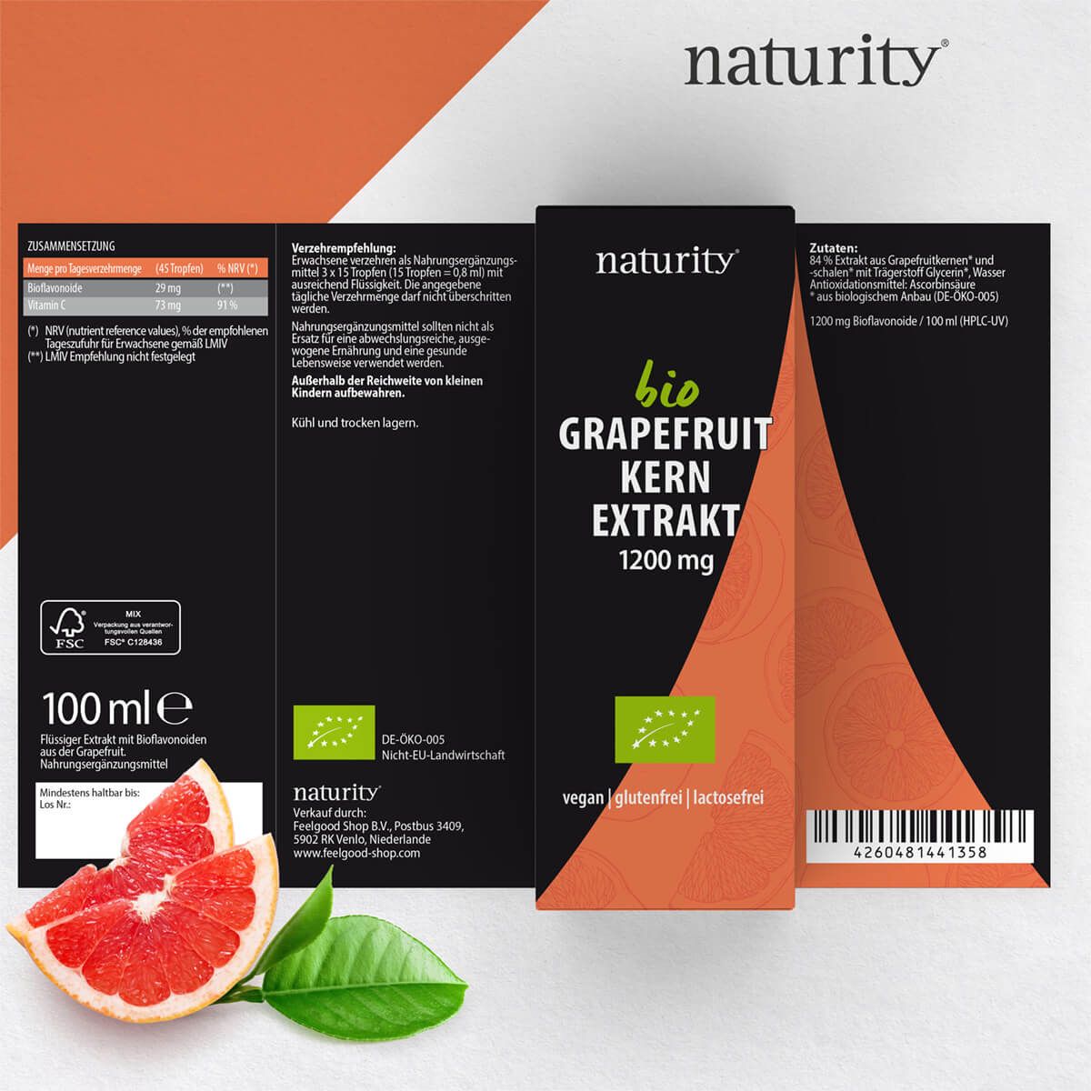Verpackung 'Naturity Bio Grapefruit Kern Extrakt 1200 mg'. Text: '100 ml'. Text: 'vegan, glutenfrei, laktosefrei'.