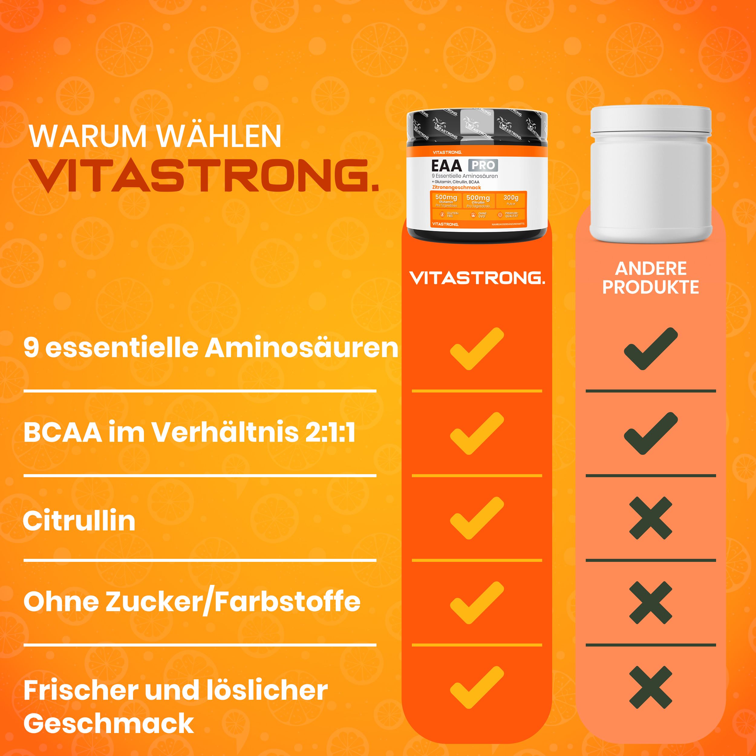 Vitastrong EAA Pro, Dose. Vergleich mit anderem Produkt. Text: Warum Vitastrong?