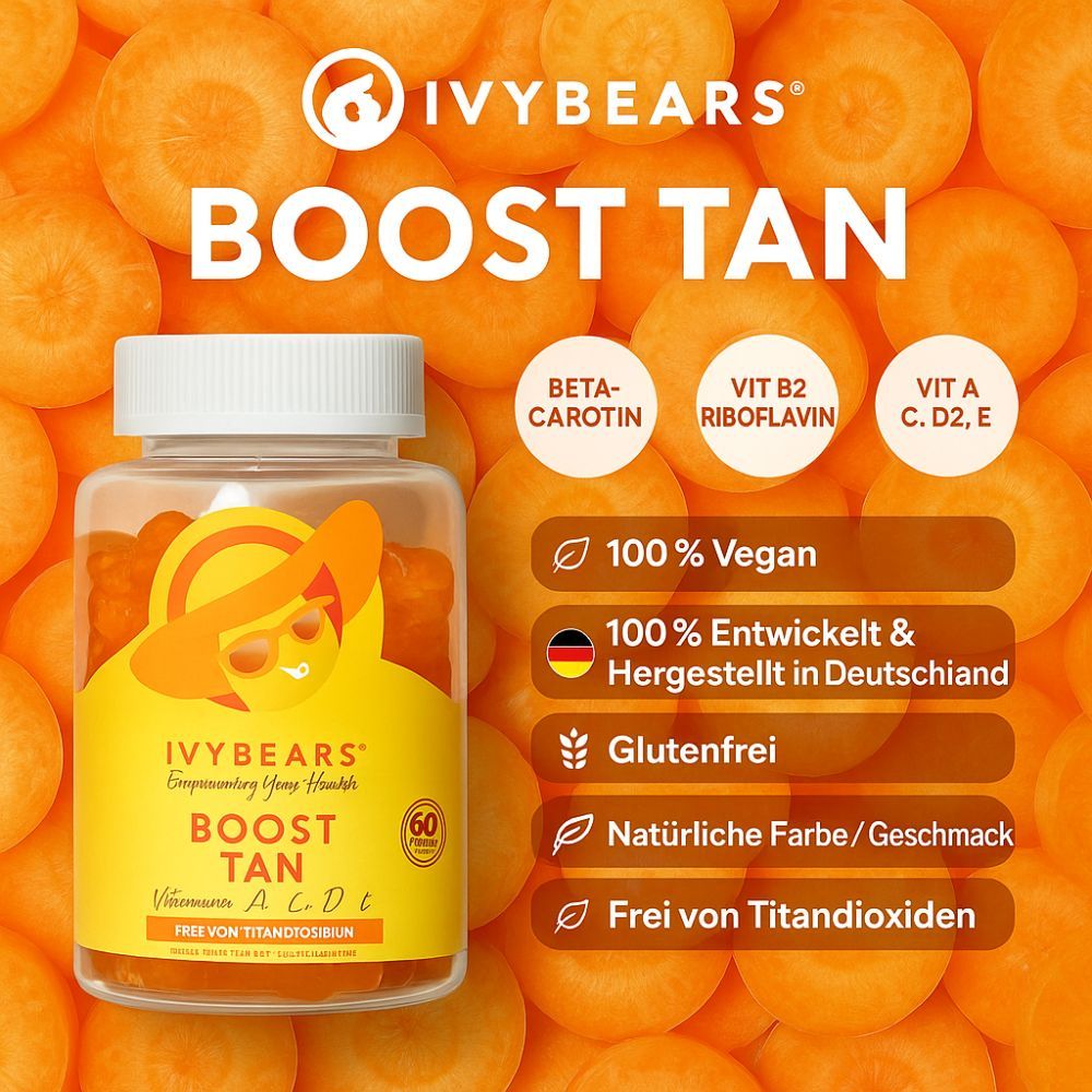 Flasche IVYBEARS Boost Tan vor Karottenscheiben. Text: Beta-Carotin, Vitamine, 100% Vegan, Glutenfrei, etc.