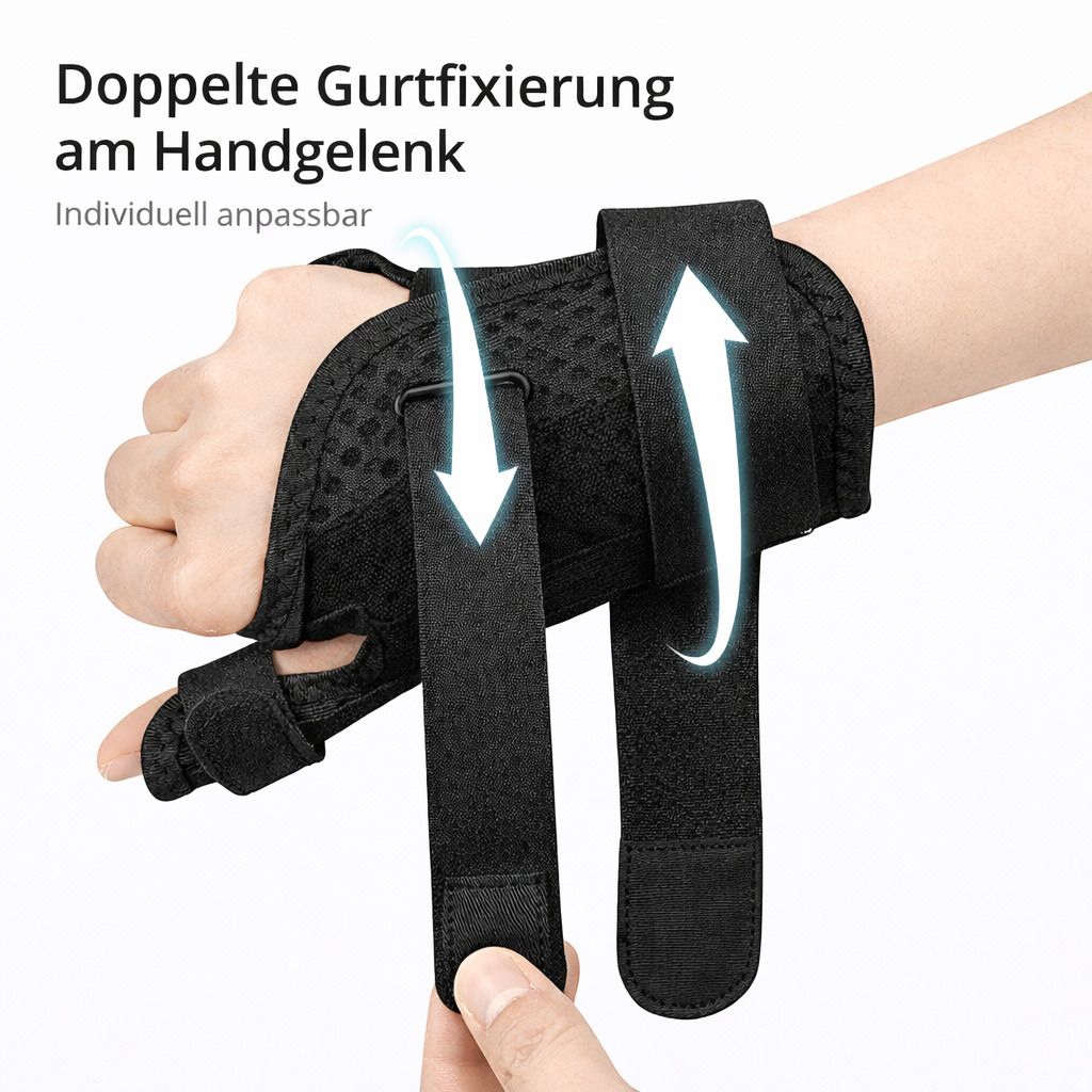 Schwarze Daumenbandage am Handgelenk mit doppelter Gurtfixierung. Pfeile zeigen die Anpassbarkeit.