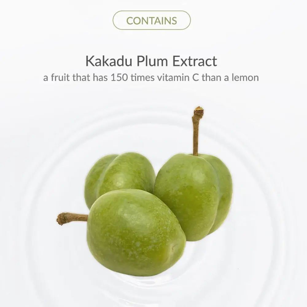 Drei grüne Kakadu-Pflaumen. Aufschrift: Enthält Kakadu-Pflaumenextrakt.