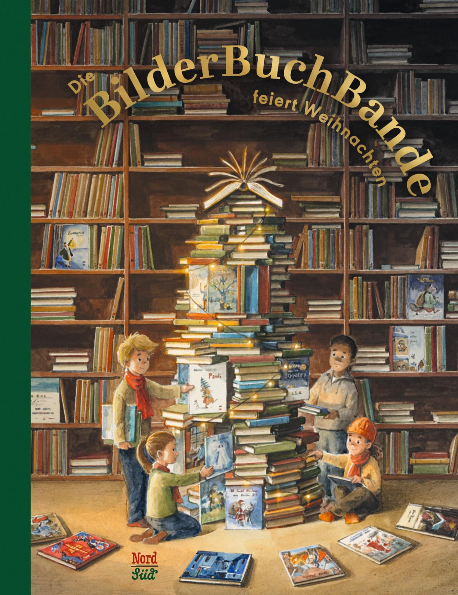 Buchcover mit Titel "Die BilderBuchBande feiert Weihnachten". Kinder vor Bücherbaum, Bücherregal im Hintergrund. NordSüd Logo.
