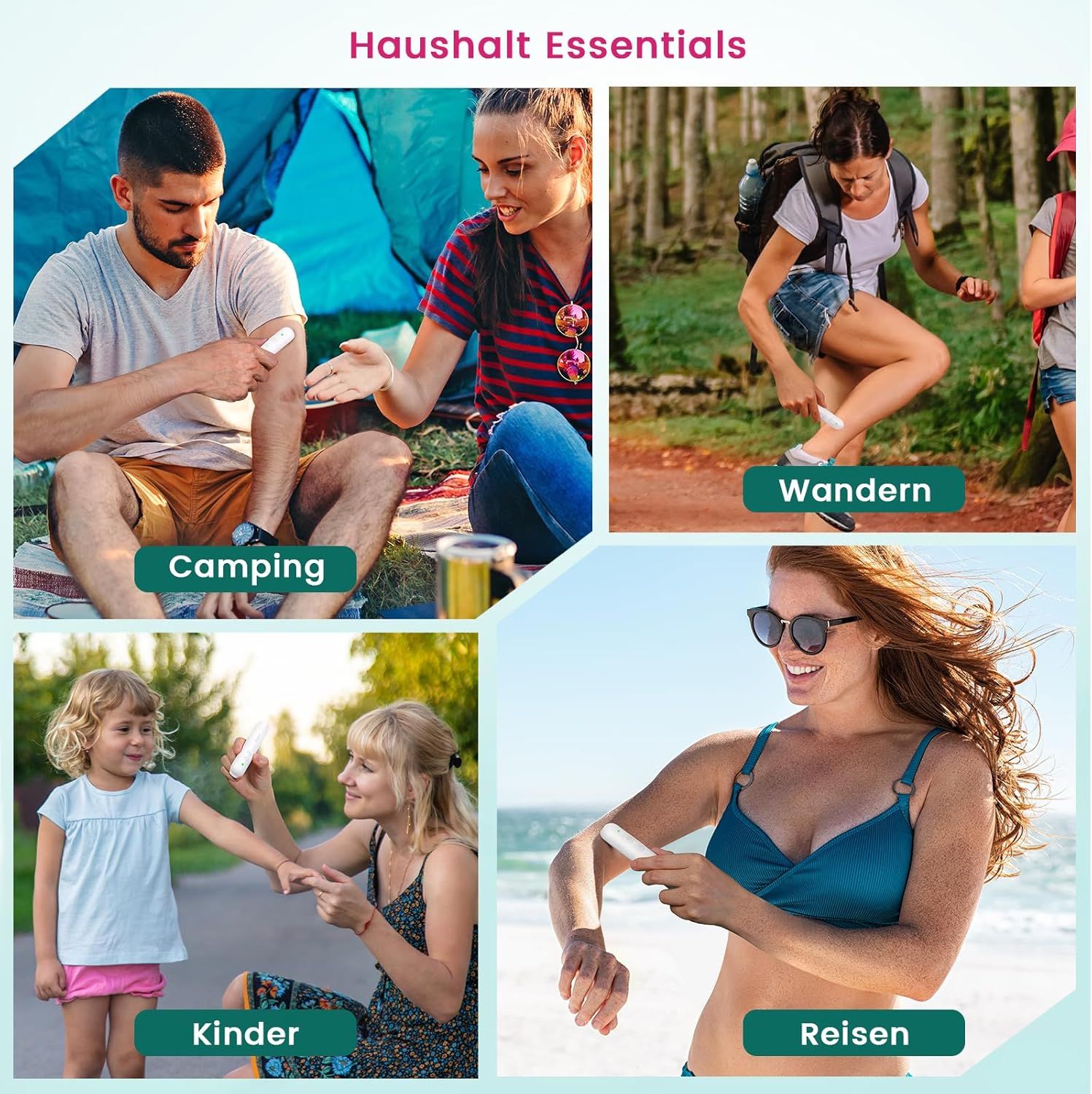 Bilder zeigen den Insektenstichheiler in verschiedenen Situationen: Camping, Wandern, Kinder, Reisen. Produktname: Solveitek.