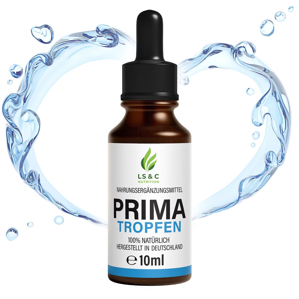 Braune Glasflasche mit schwarzem Tropfer, umgeben von Wasser. Etikett mit Logo, Produktname und Text. Blaue Banderole. Inhalt 10 ml.