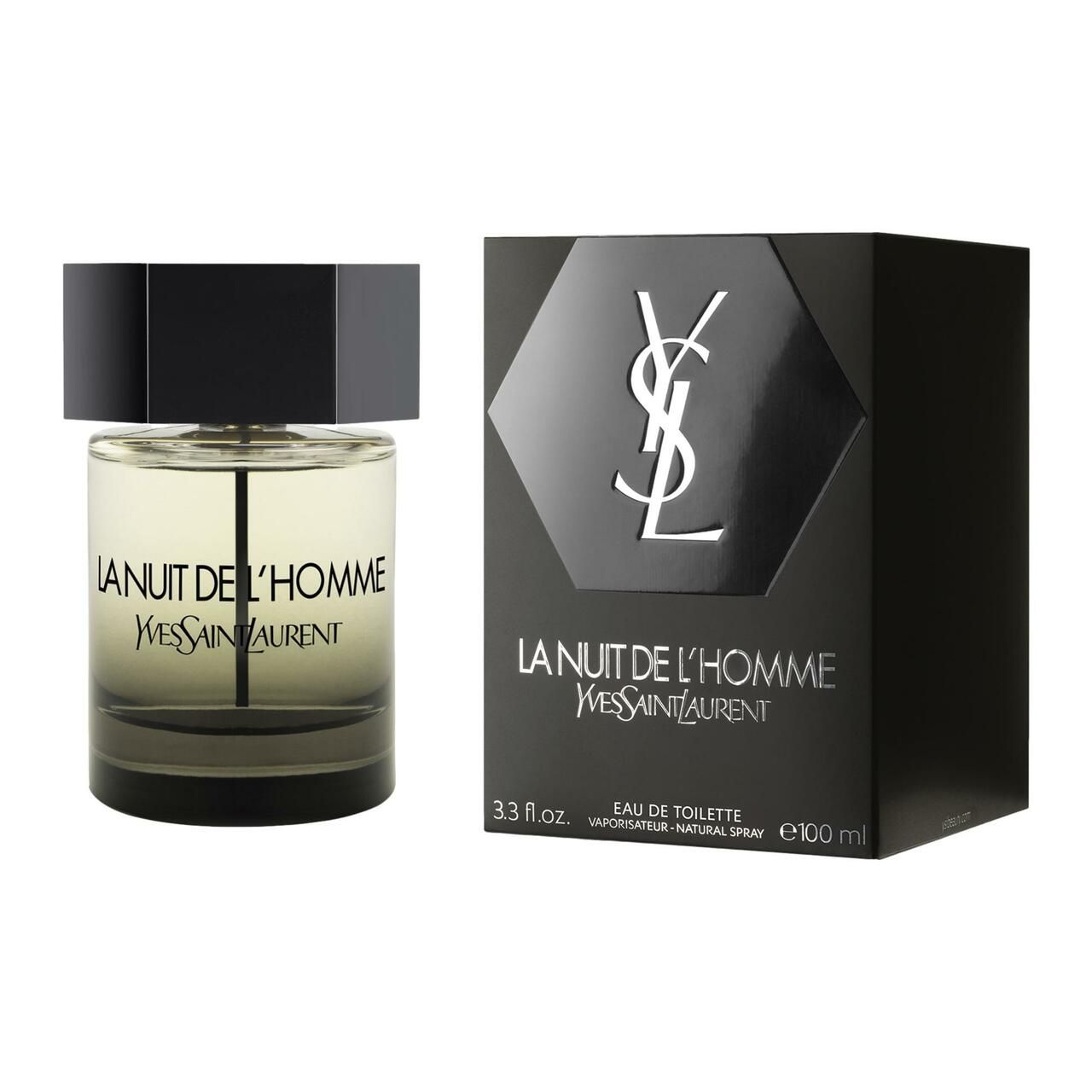 La Nuit de L'Homme Flakon und Verpackung. Schwarzer Flakon mit schwarzem Deckel und schwarzer Verpackung.