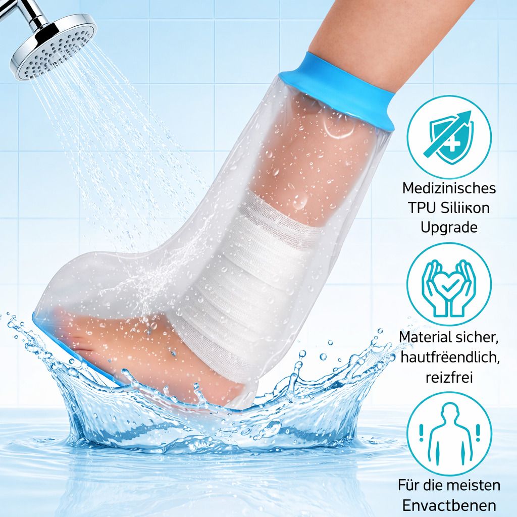 Duschschutzhülle für Bein. Bein mit Verband unter fließendem Wasser. Blaue Silikonabdichtung. Medizinischer TPU Silikon Upgrade.