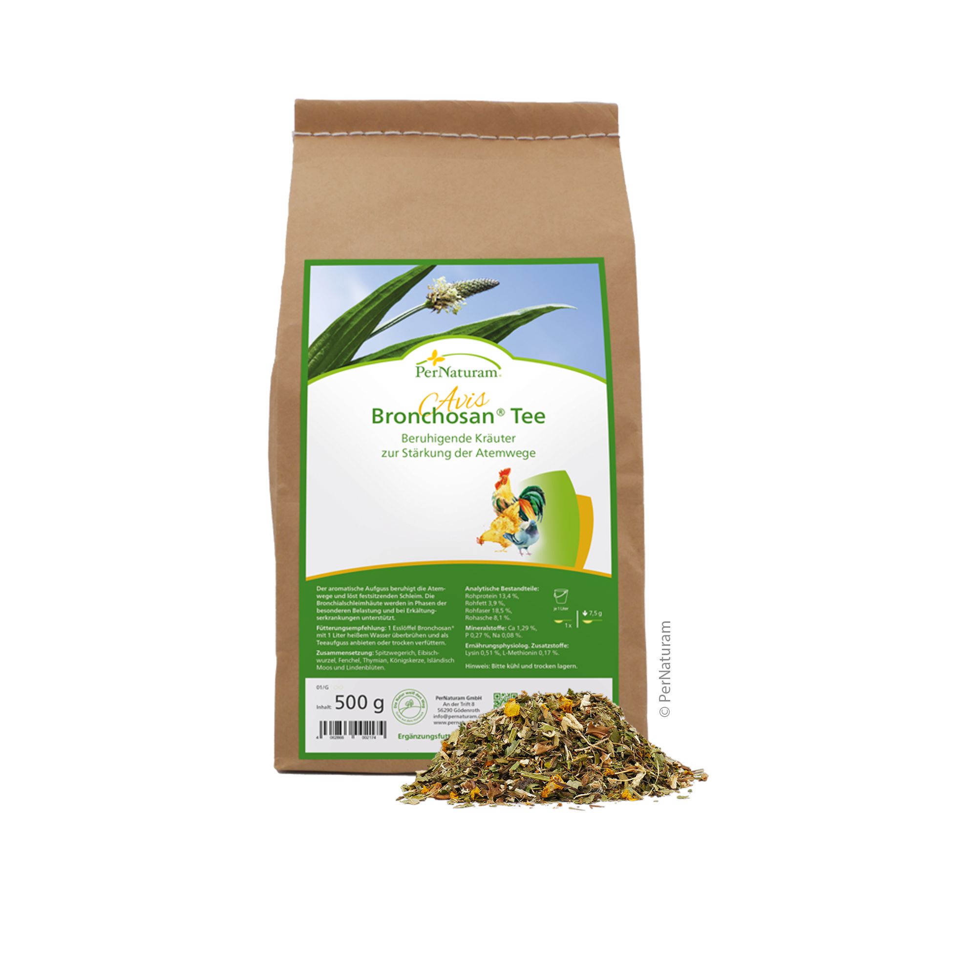 PerNaturam Bronchosan Tee (AVIS) Geflügel. Kräutermischung in brauner Papiertüte mit grünem Etikett. 500g.