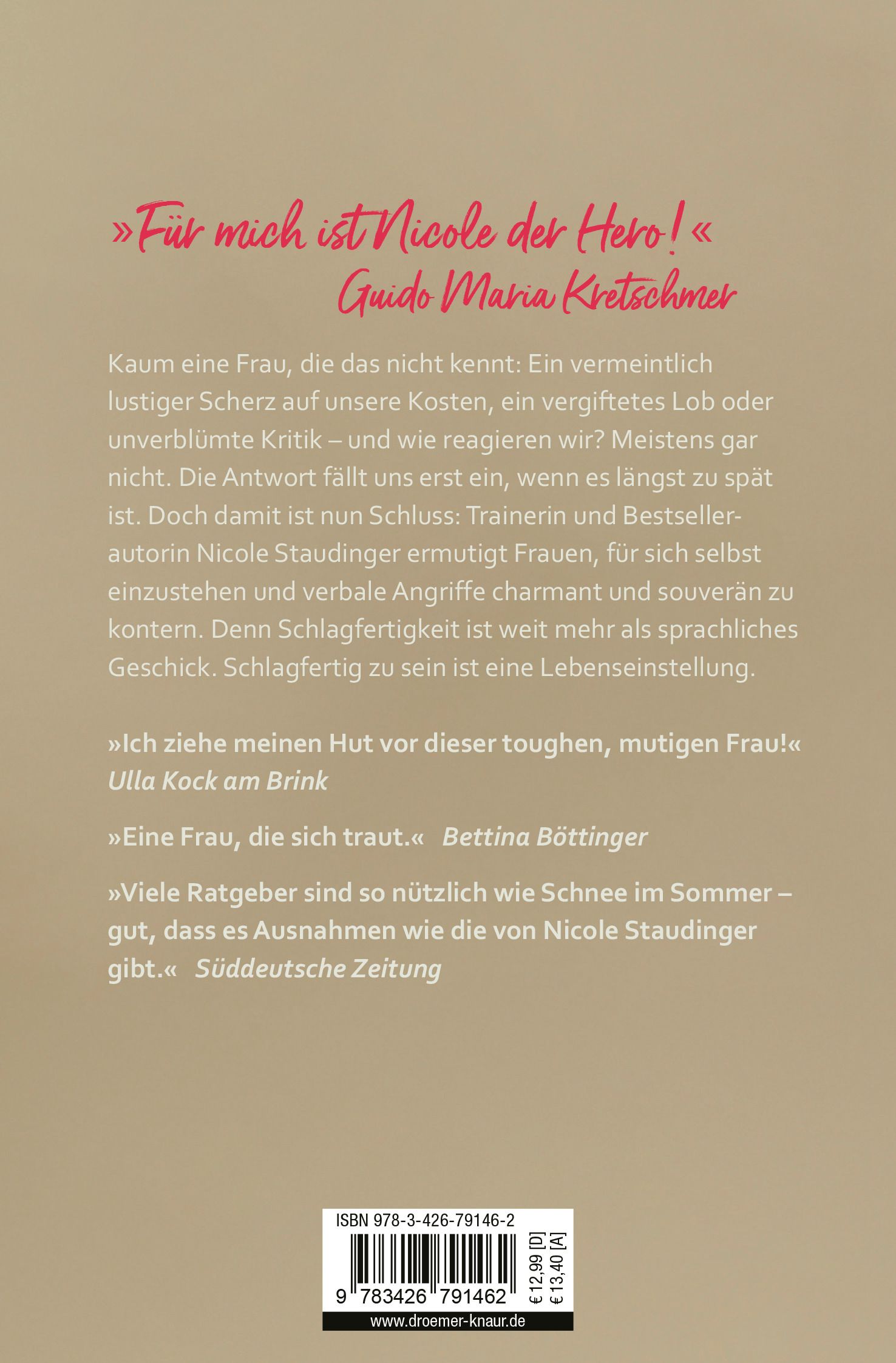 Buchrückseite mit Text. Zitate von Guido Maria Kretschmer, Ulla Kock am Brink und Bettina Böttinger. ISBN-Code und Preis.