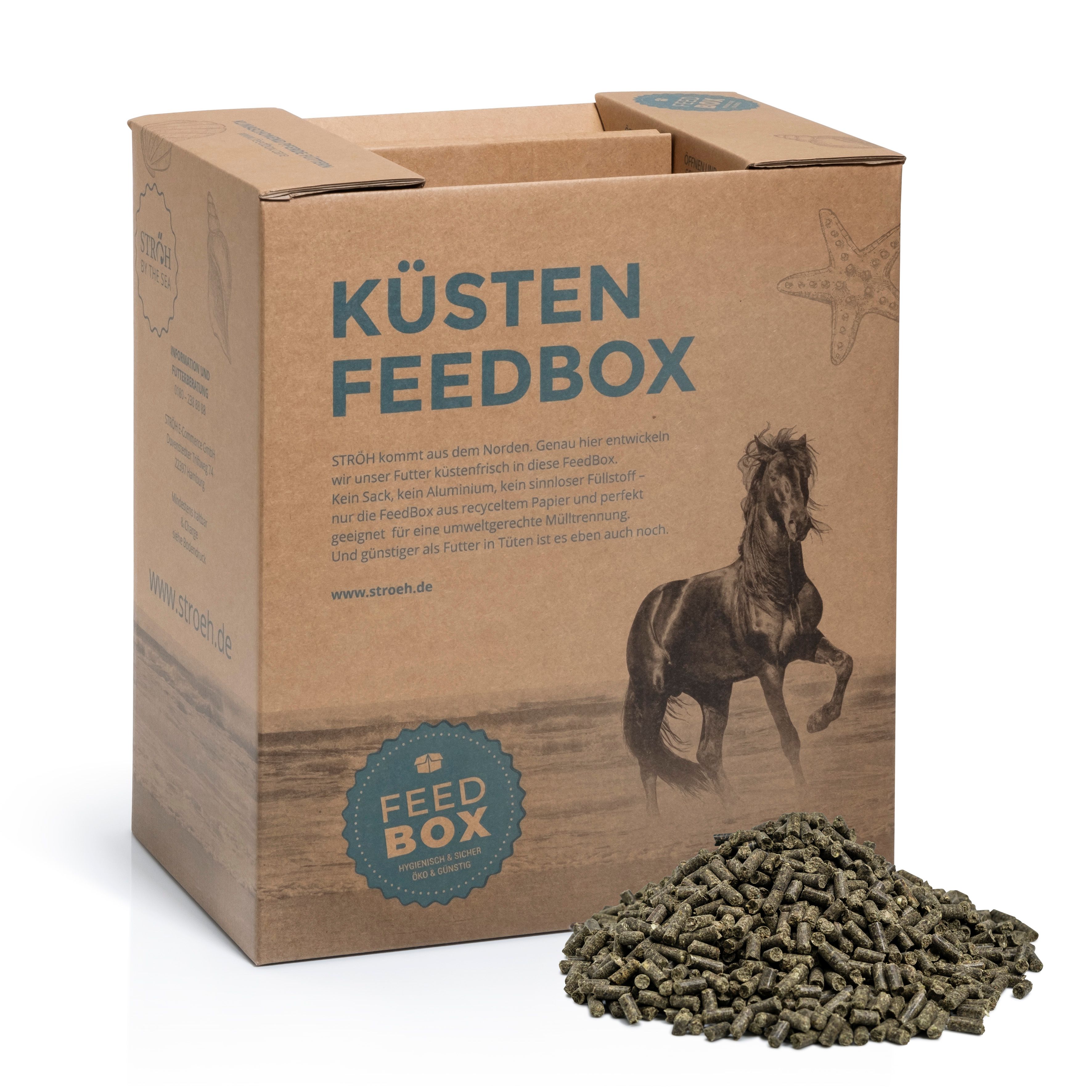 Kartonbox mit Aufdruck "KÜSTEN FEEDBOX" und Logo. Abbildung eines Pferdes. Inhalt: grüne Pellets. Text: www.stroeh.de.
