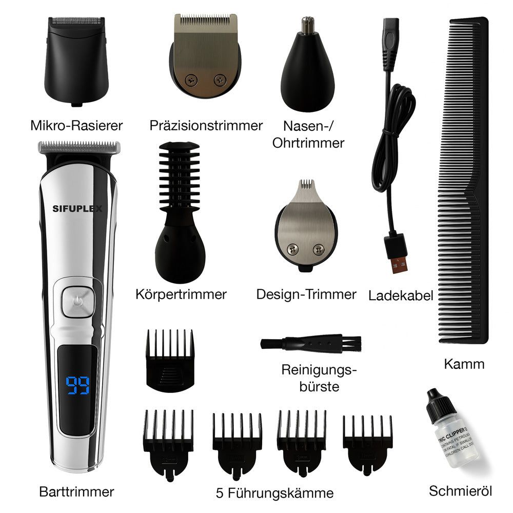 Barttrimmer-Kit mit Zubehör. Enthält Trimmer, Aufsätze, Kamm, Bürste und Schmiermittel. Beschriftung: SIFUPLEX.