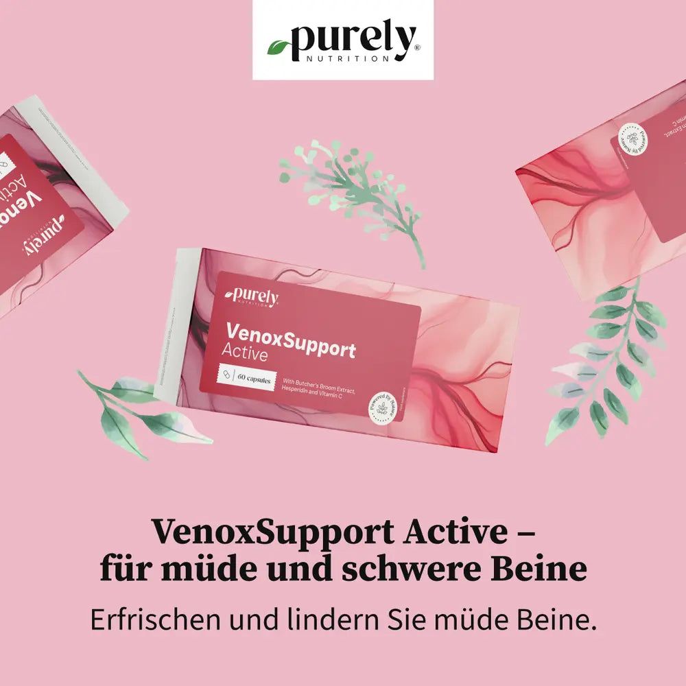 Eine einzelne Kapsel Purely VenoxSupport Active mit Größenangaben.