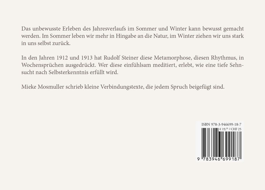 Rückseite des Buches "Seelenkalender". Text in deutscher Sprache. ISBN-Barcode und Preisangaben.