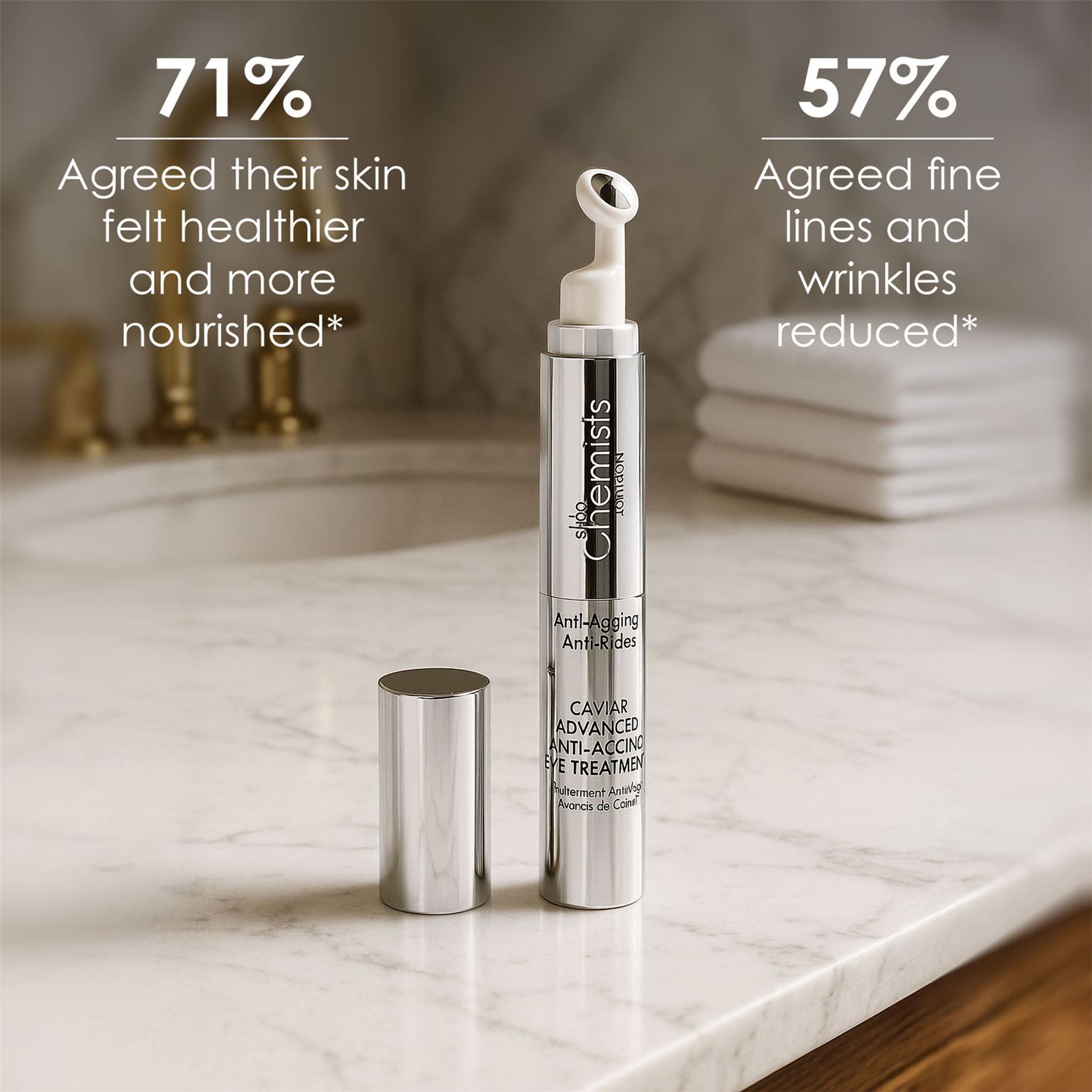 SkinChemists Augenpflege-Serum auf einem Marmortisch neben einem Waschbecken.