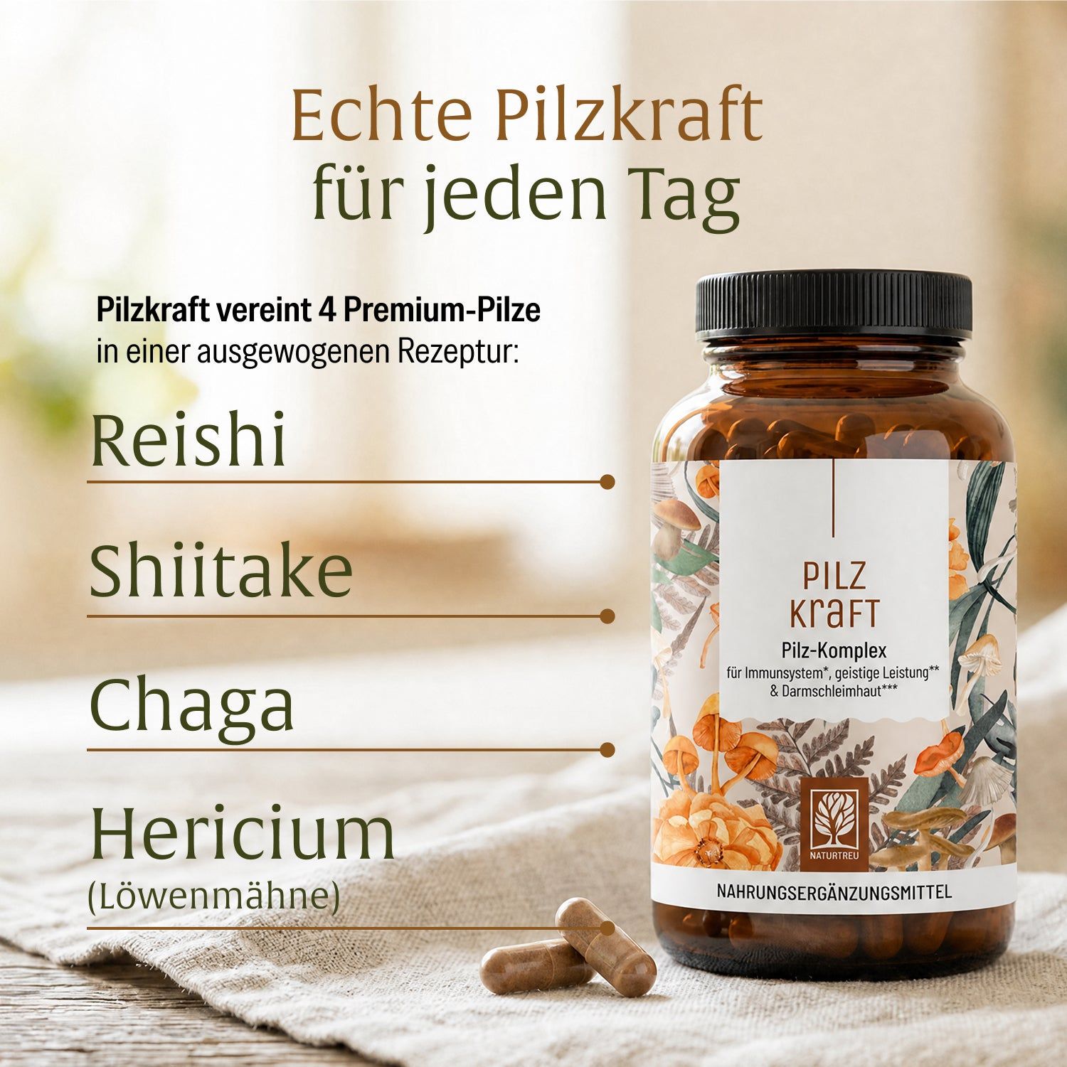 Braune Glasflasche mit Pilz-Komplex Kapseln. Daneben liegen zwei Kapseln.