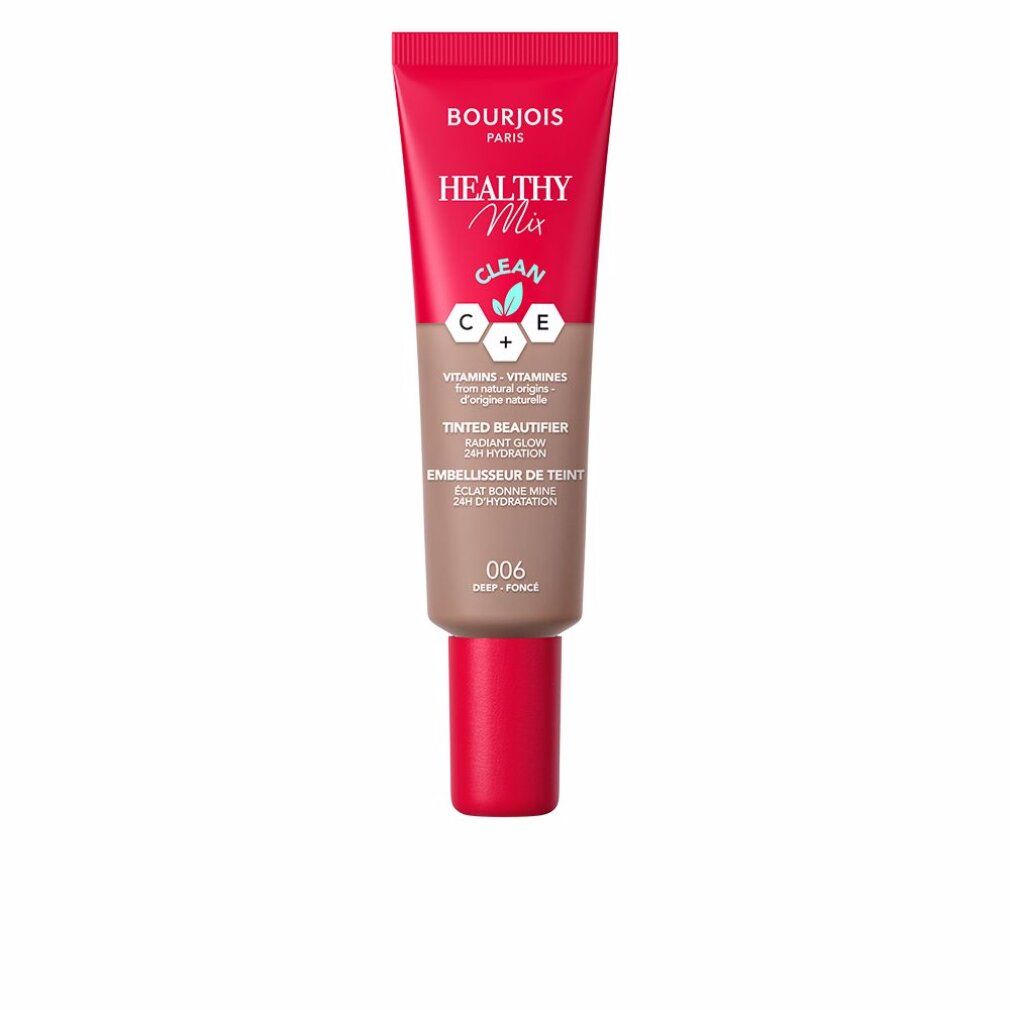 Tube Bourjois Healthy Mix Beautifier, Farbton 006. Roter Deckel, Schriftzug. Enthält Vitamine C und E.