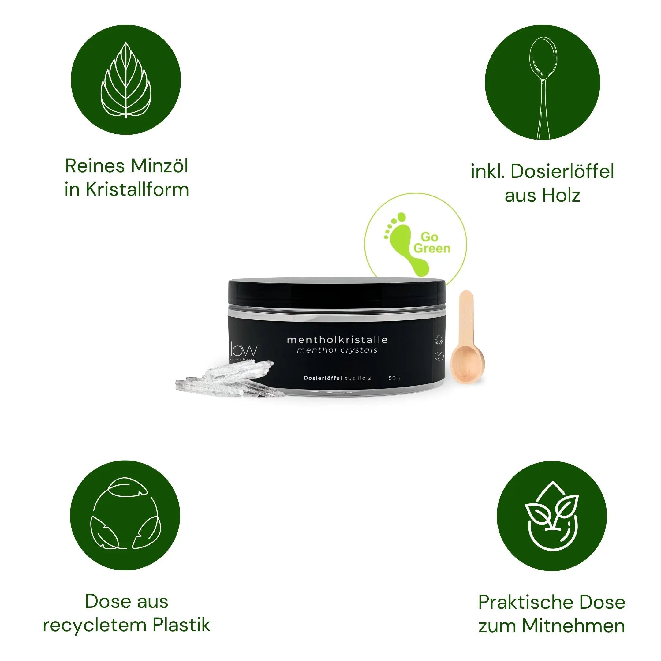 Glas mit Mentholkristallen, Holzlöffel, recycelte Dose, grüne Blätter. Text: Reines Minzöl, inkl. Dosierlöffel, praktische Dose.
