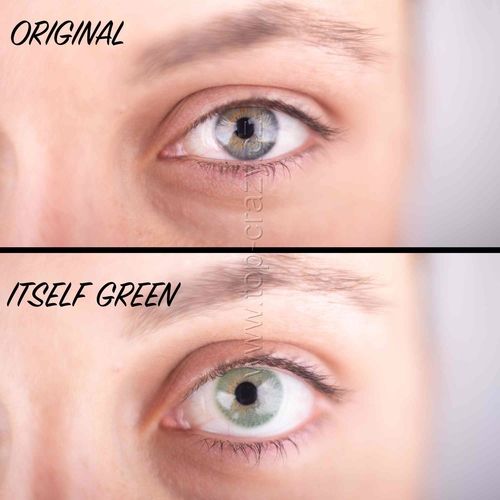 Vergleich von Augen: Oben blaues Auge, unten grünes Auge. Text: ORIGINAL und ITSELF GREEN.