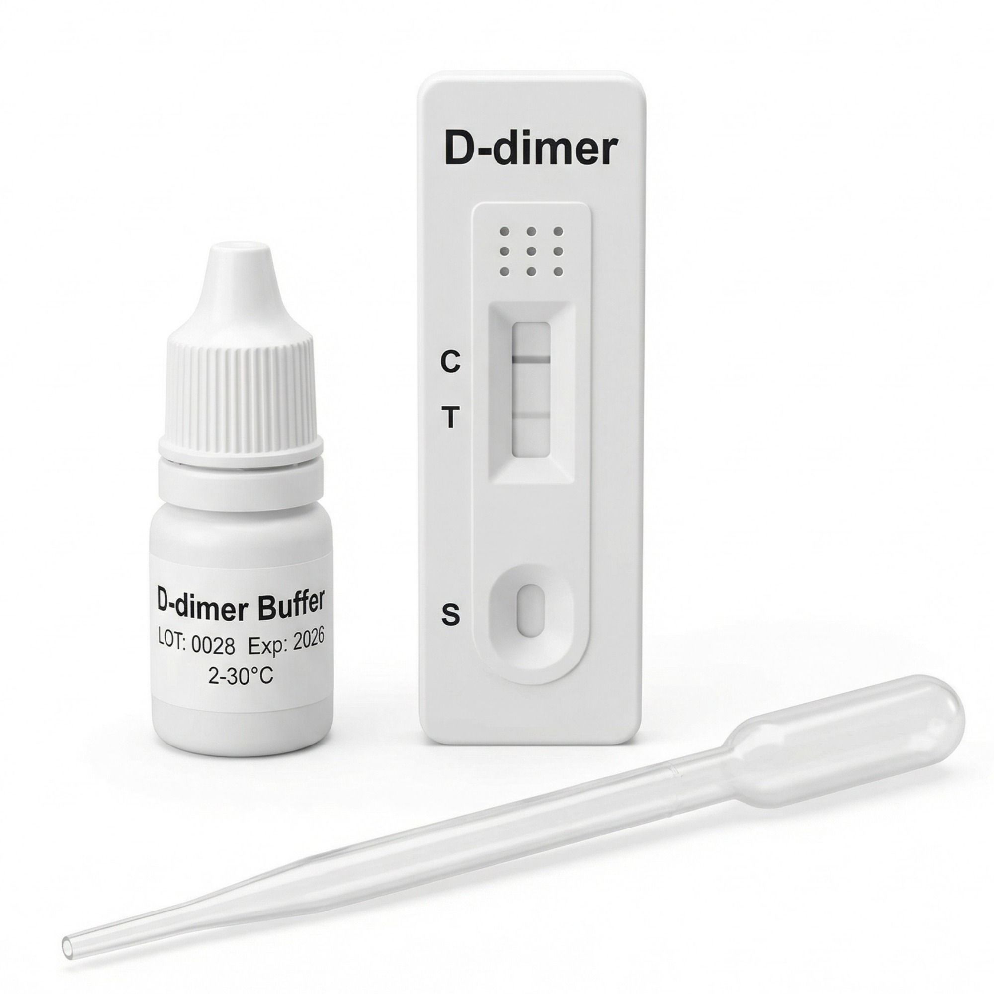 Teststreifen, Tropfflasche und Pipette. Aufschrift: D-dimer, D-dimer Buffer, CE-Zeichen. Teststreifen mit C, T und S Markierungen.