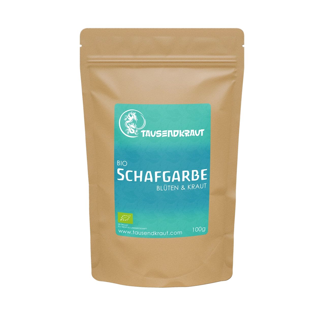 Beutel mit blau-grünem Etikett. Aufschrift: BIO Schafgarbe Blüten & Kraut. Logo und Text: Tausendkraut. Bio-Siegel. 100g.