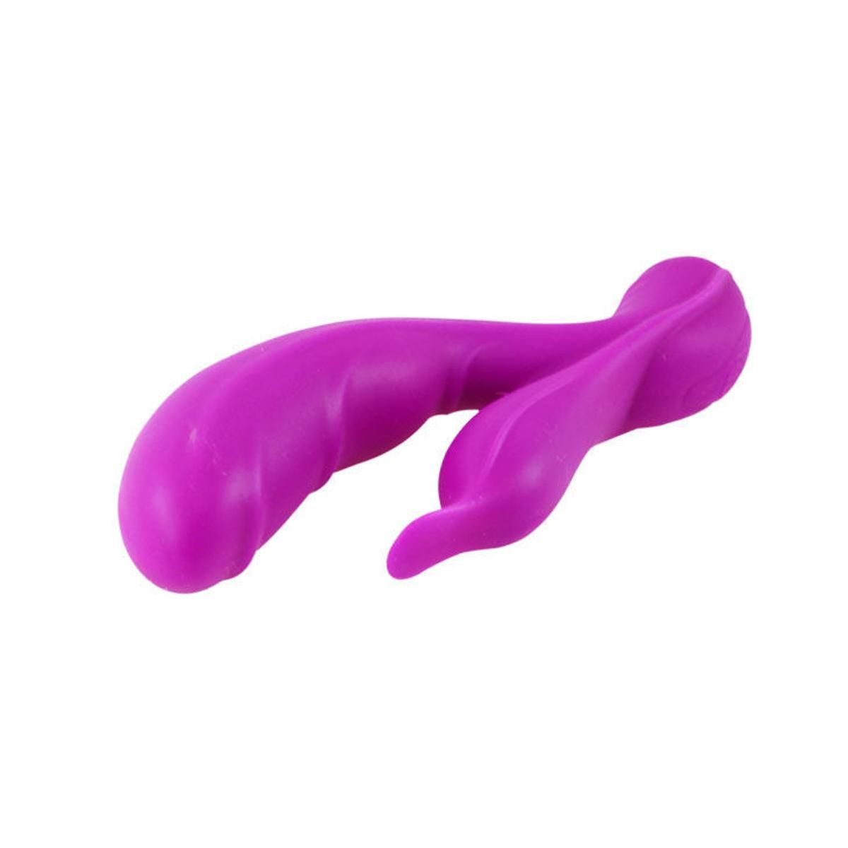 Lila Vibrator, gebogen Form. Ein länglicher Teil und ein Teil mit abgerundeter Spitze.