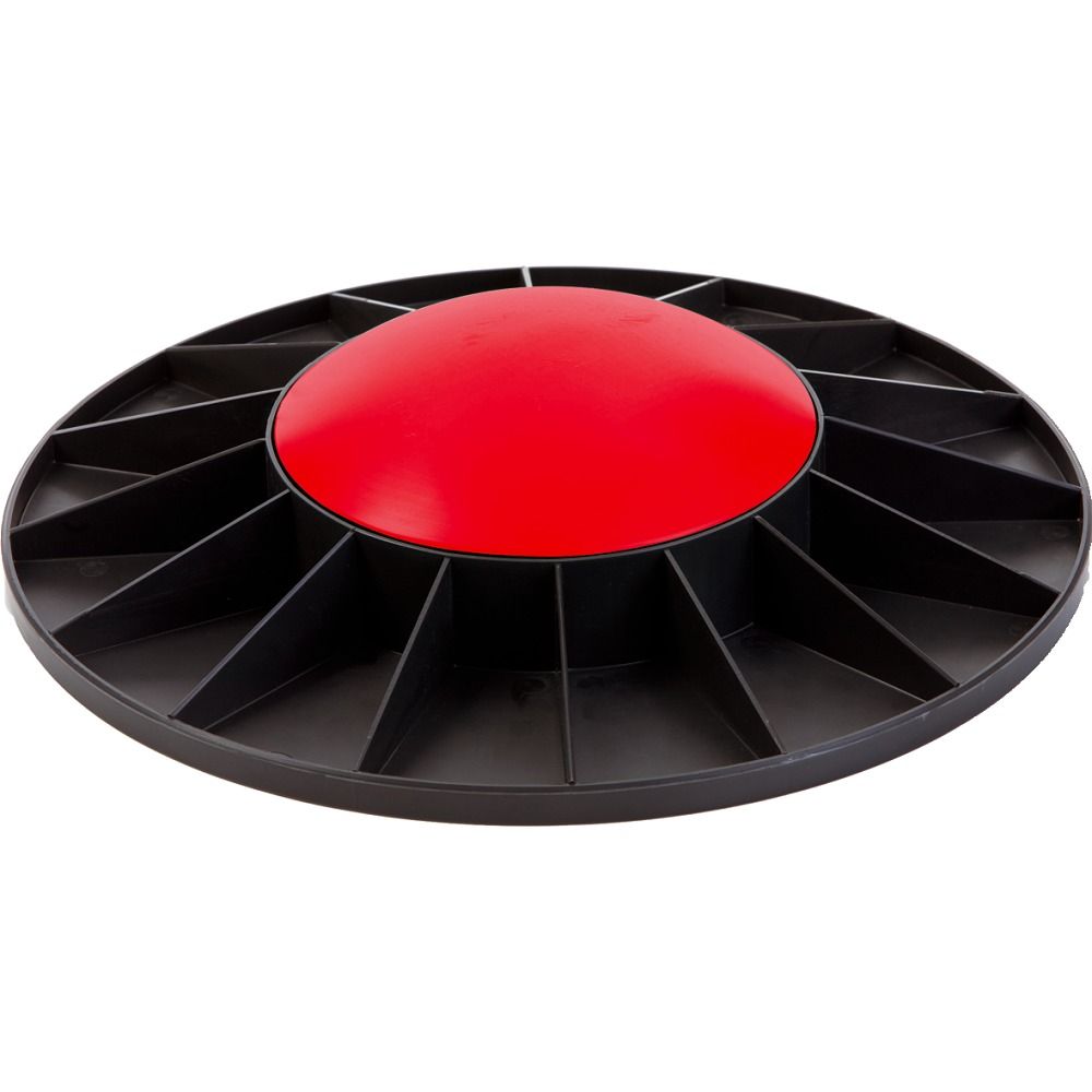 Schwarzes Balance Board mit roter, runder Oberfläche. Die Basis hat eine gezahnte Struktur.
