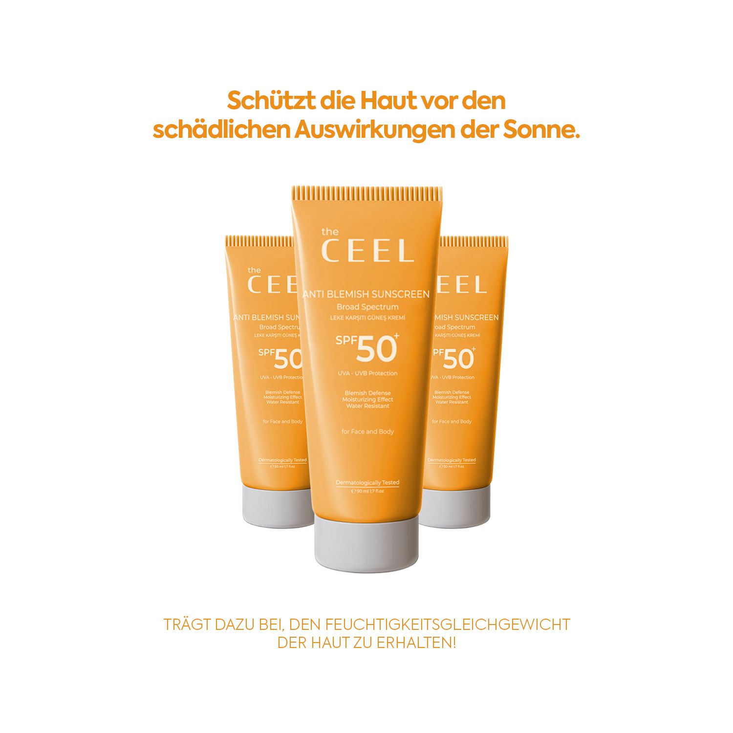 Drei Tuben Sonnenschutzmittel mit LSF 50 von The CEEL. Orangefarbene Tuben mit weißem Verschluss.