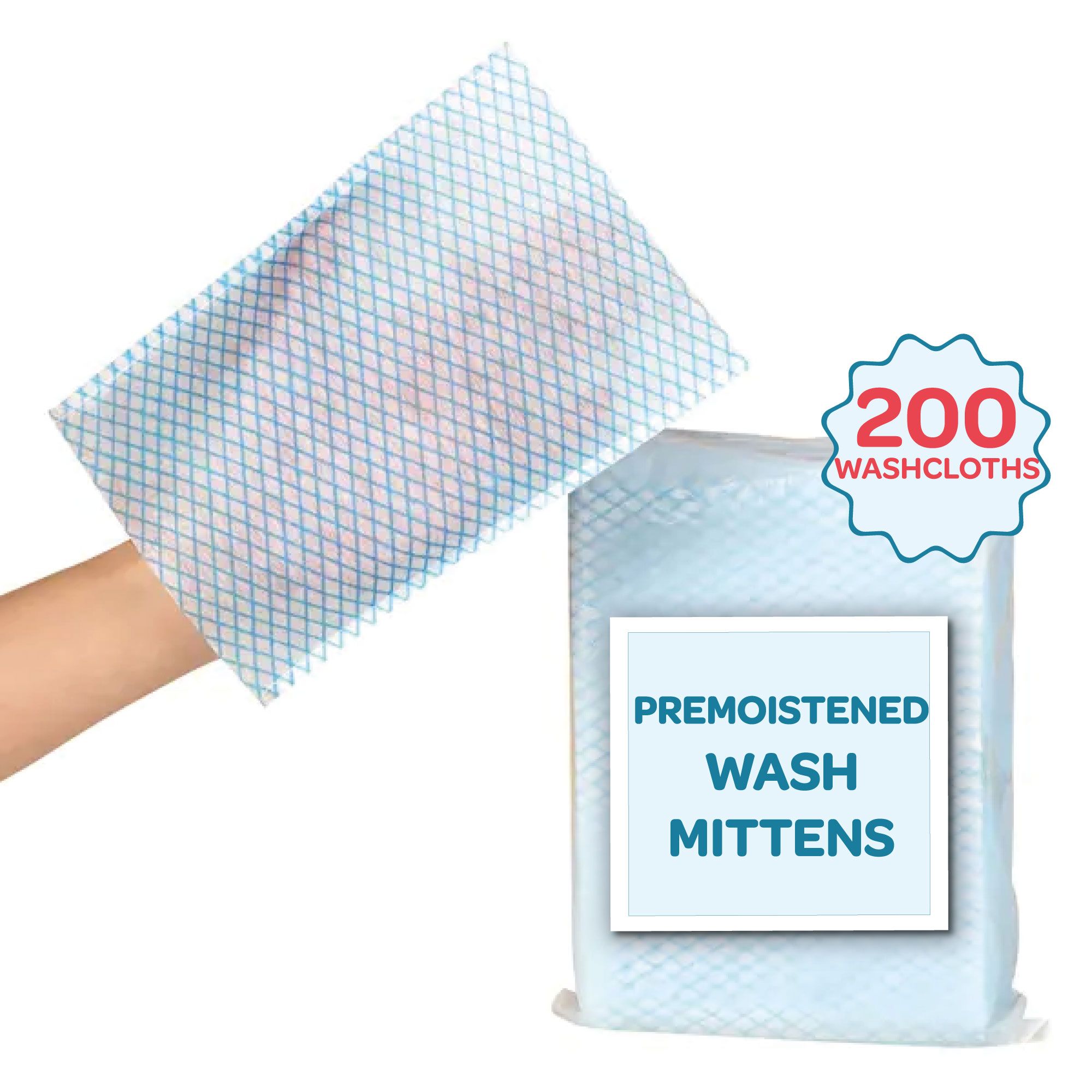 Waskom, blauw rasterpatroon, in de hand. Verpakking van 200 stuks, tekst: PREMOISTENED WASH MITTENS.