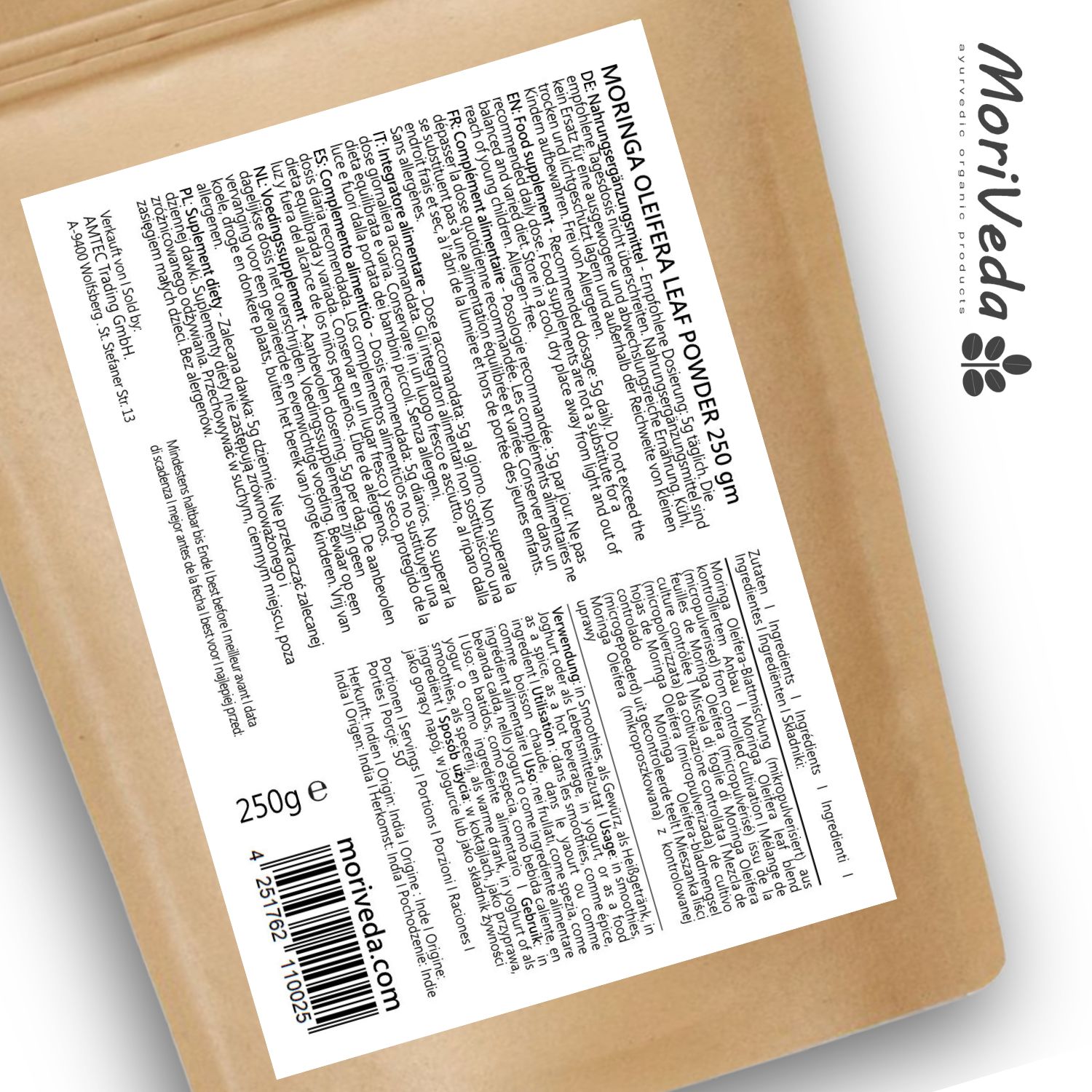 Moriveda Moringa Oleifera Blattpulver, 250g