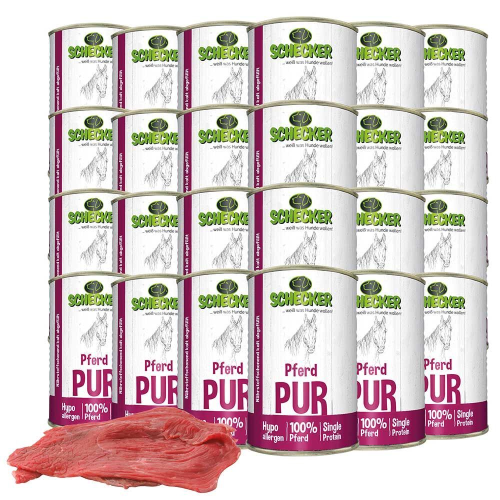 Dosenfutter für Hunde, Pferd PUR, in Dosen gestapelt. Daneben rohes Pferdefleisch. Aufschrift: Schecker, Pferd PUR, 100% Pferd.
