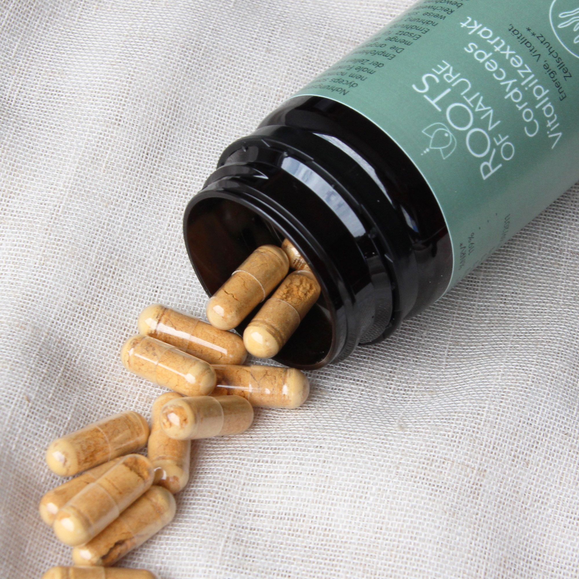 Braune Flasche mit schwarzen Deckel, geöffnet. Kapseln liegen verstreut. Aufschrift: ROOTS OF NATURE, Cordyceps Vitalpilzextrakt.