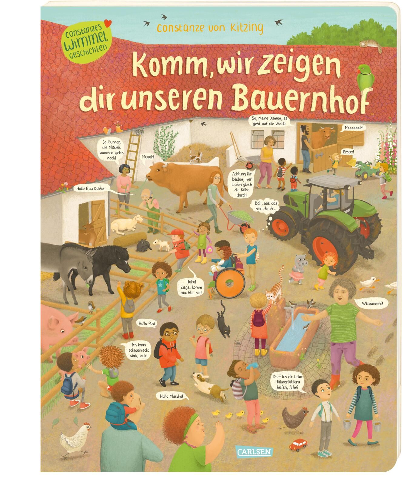 Buchcover: "Komm, wir zeigen dir unseren Bauernhof". Illustration mit Kindern, Tieren und Traktor auf einem Bauernhof. Titel und Autor sichtbar.