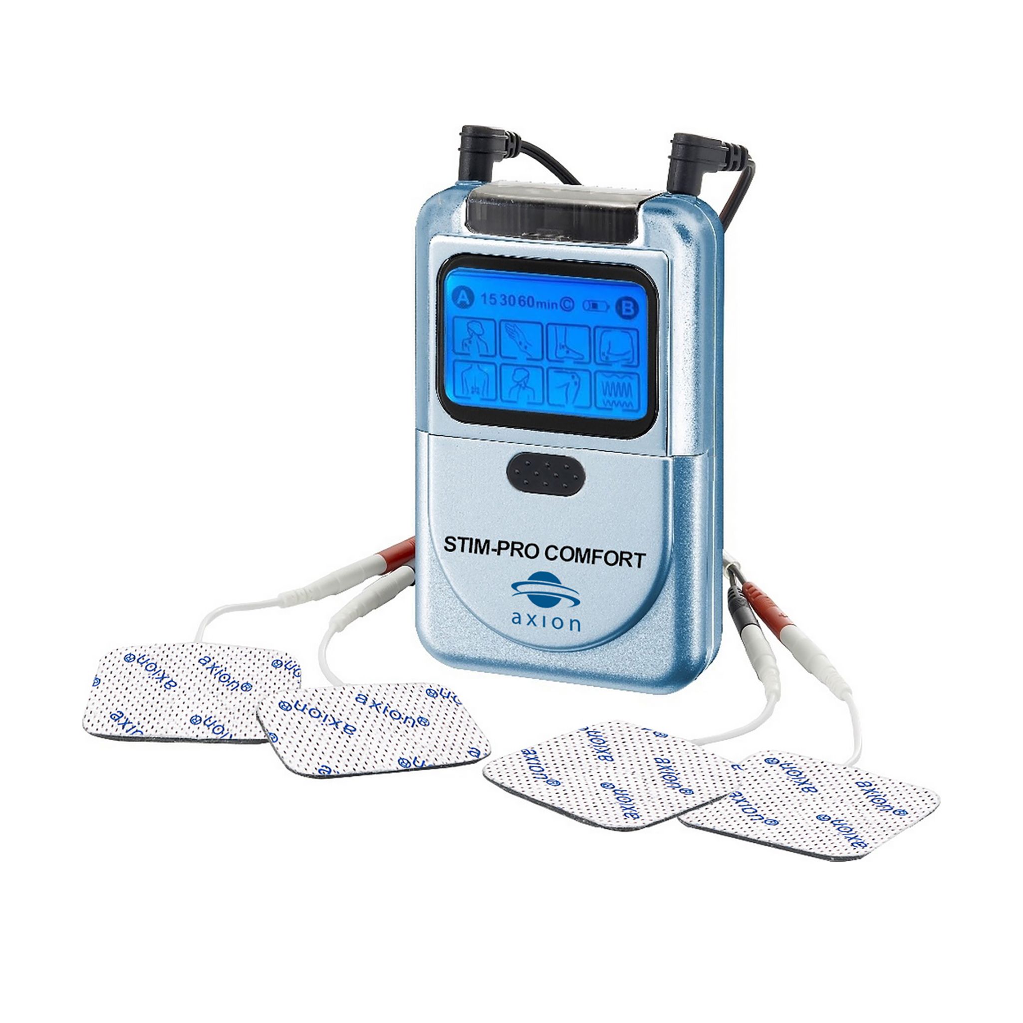 TENS-Gerät mit Elektroden und Kabeln. axion STIM-PRO COMFORT. Silberfarbenes Gerät mit Display.