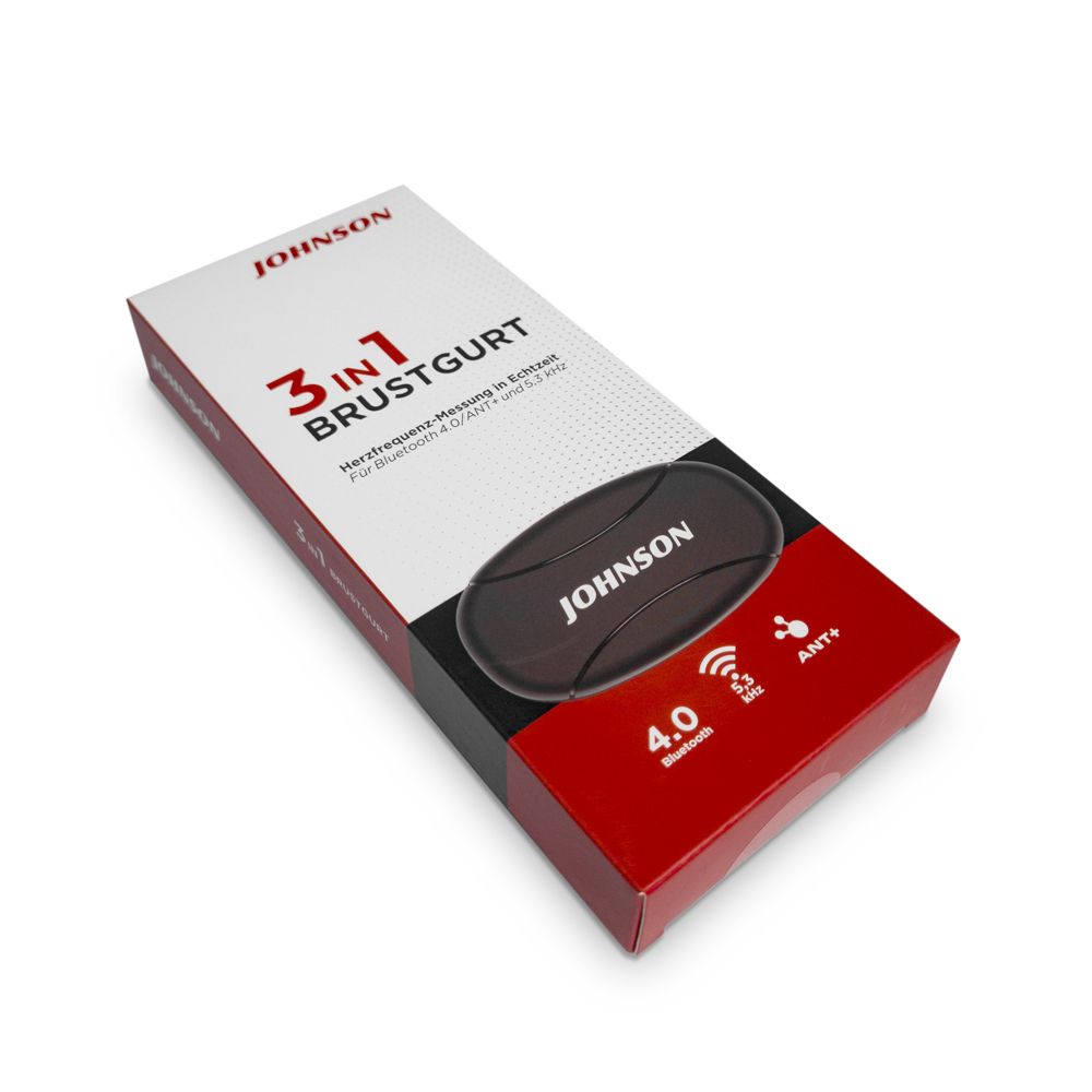 Verpackung mit Produktname und Logo. 3-in-1 Brustgurt. Bluetooth 4.0 und ANT+.