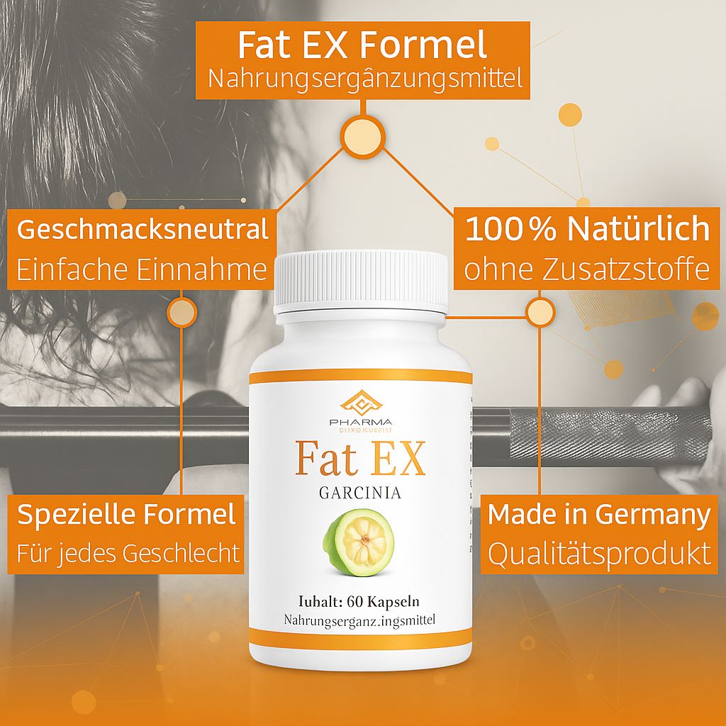 Weiße Flasche mit Kapseln. Aufschrift: Fat EX, Garcinia. Zusätzliche Texte. Pharma Health Logo. Made in Germany.