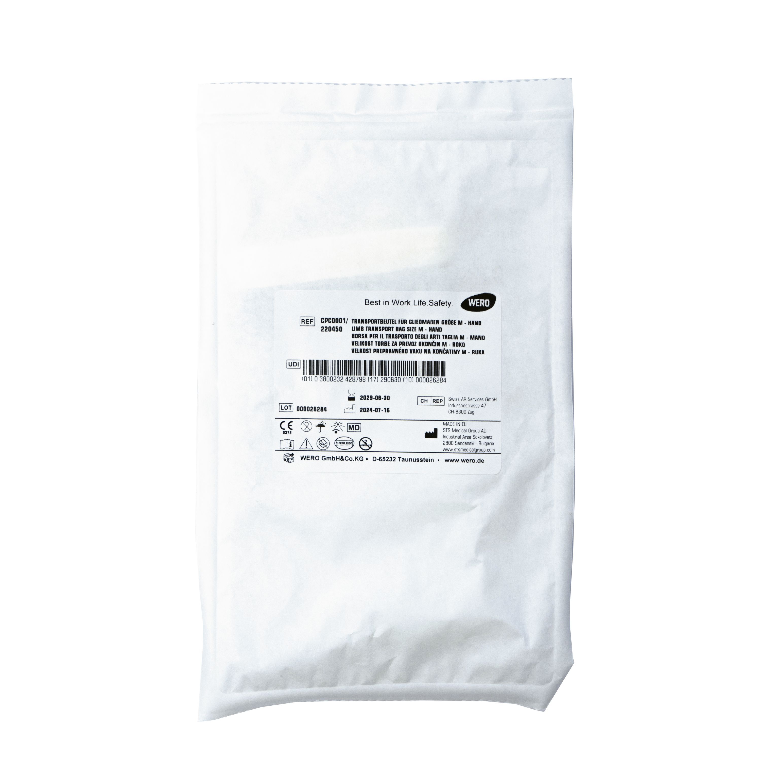 Weißer Beutel mit Produktinformationen und Barcode. Text: WERO, Best in Whole Life Safety.