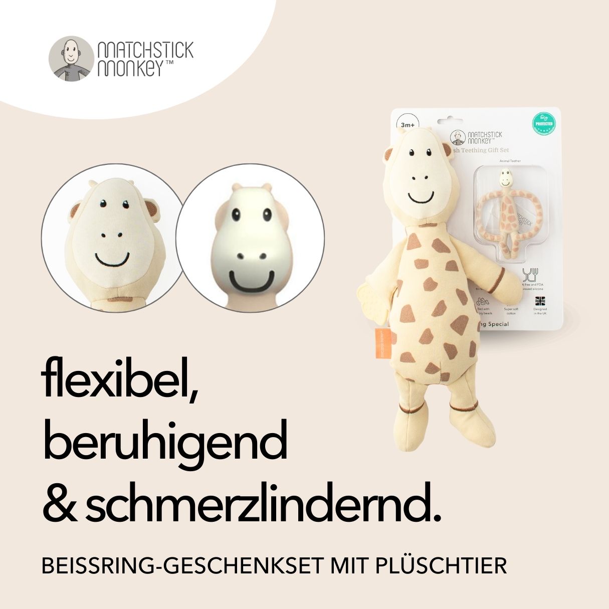 Matchstick Monkey Geschenkset – Beißring & Plüschtier mit Beißapplikation
