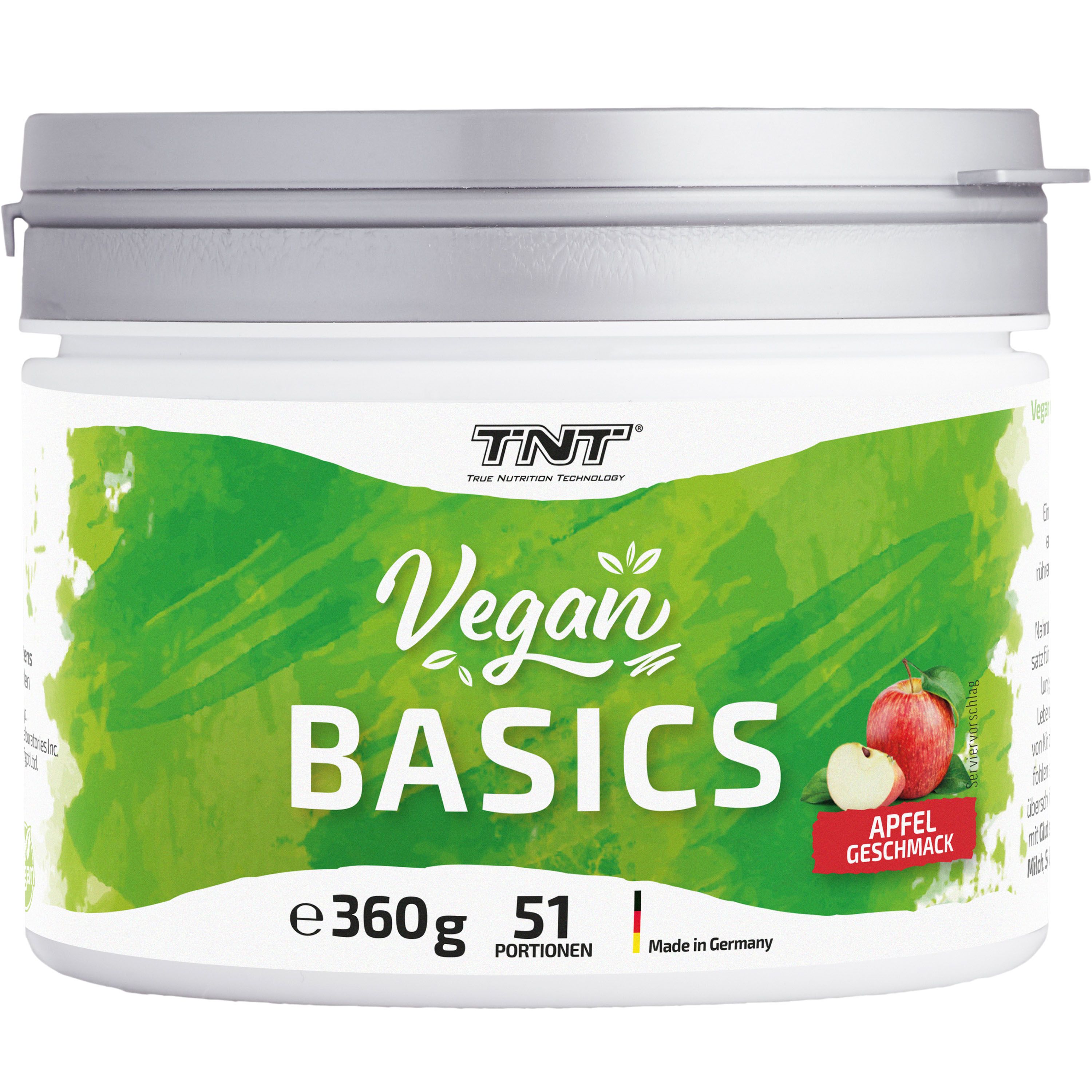 Weißes Dose "Vegan Basics" mit 360g, 51 Portionen. Apfel-Geschmack. Made in Germany. Logo TNT.
