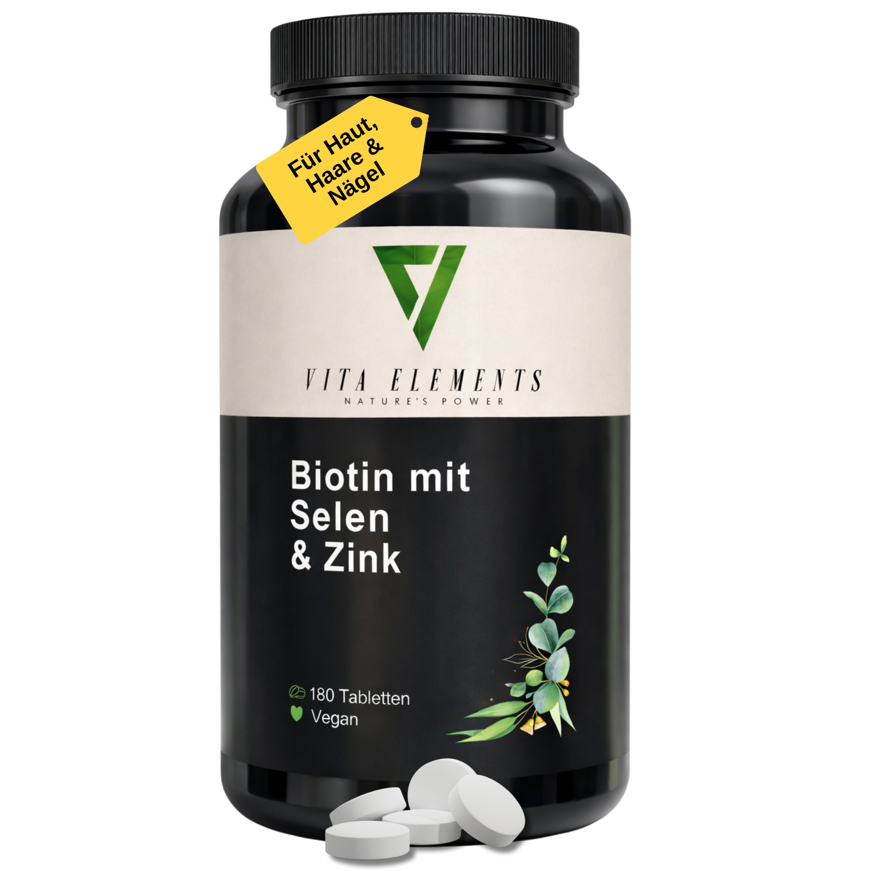 Schwarze Flasche Vita Elements Biotin mit Selen & Zink. 180 Tabletten, vegan. Gelbes Etikett: Für Haut, Haare & Nägel.
