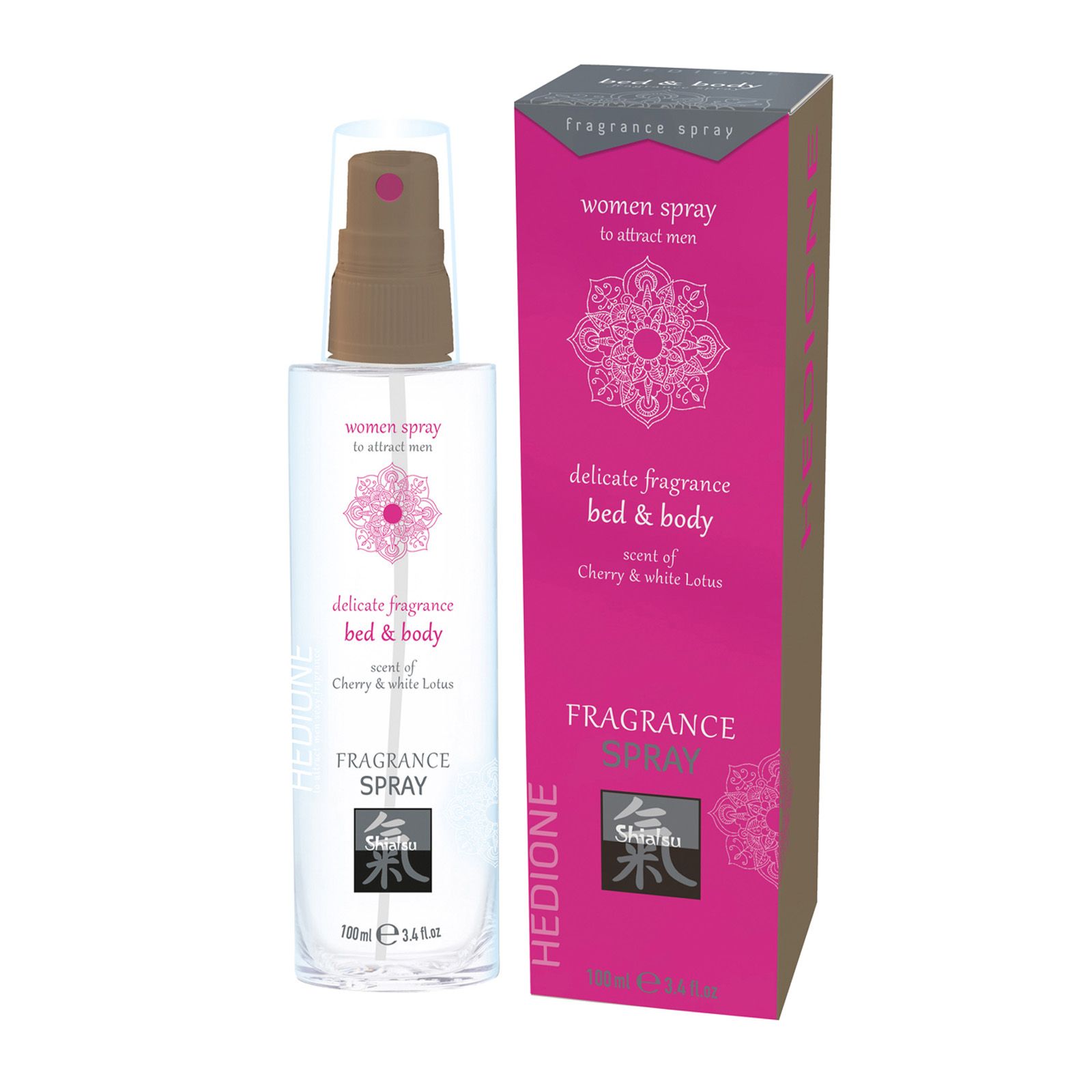Flakon mit Zerstäuber und Verpackung. Aufschrift: "women spray", "delicate fragrance bed & body", "Fragrance Spray".