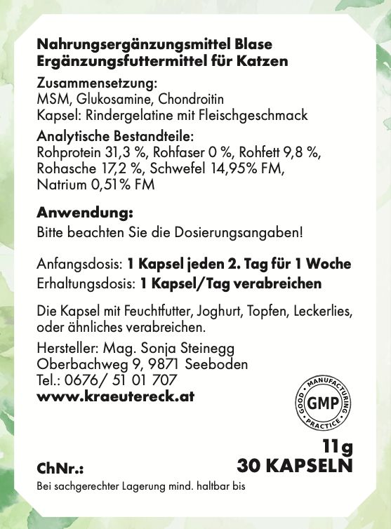 Etikett mit Text. Nahrungsergänzungsmittel Blase. Zusammensetzung, Dosierung, Herstellerinformationen. GMP-Siegel. 30 Kapseln, 11g.