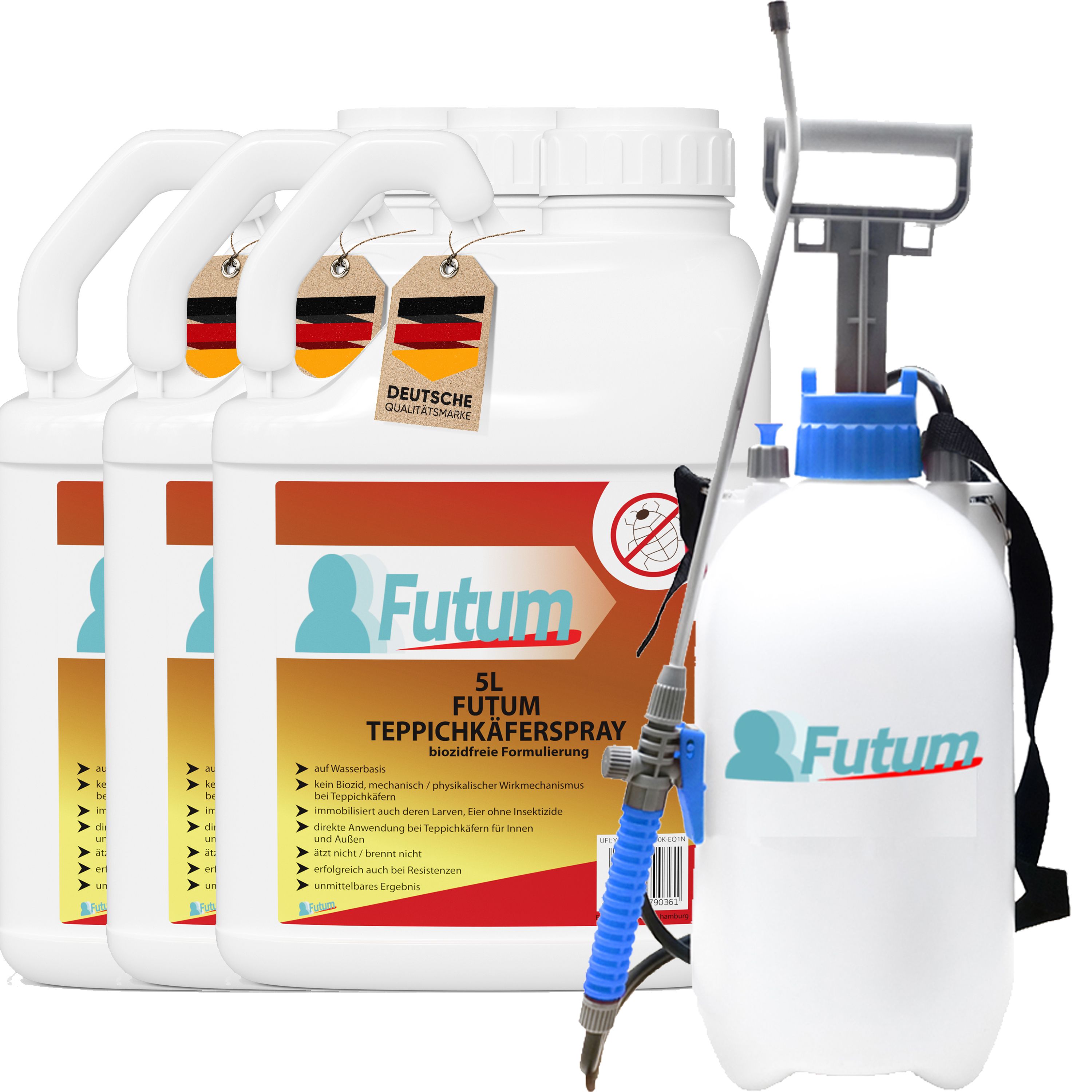 Drei 5L-Kanister und ein 5L-Sprühgerät. Kanister mit Etiketten und deutschem Qualitätssiegel. Sprühgerät mit blauem Griff.